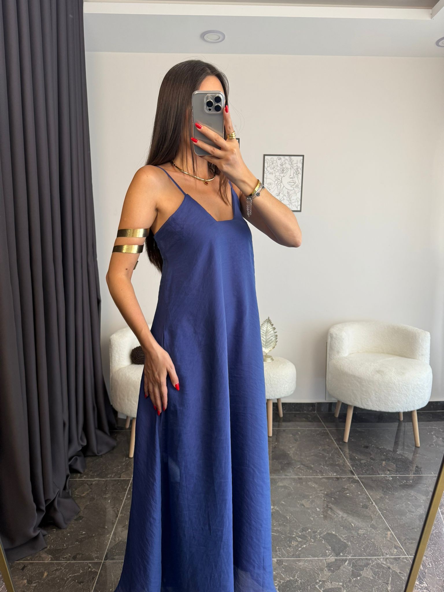 İndigo Askıları Ayarlanabilir Maxi Elbise