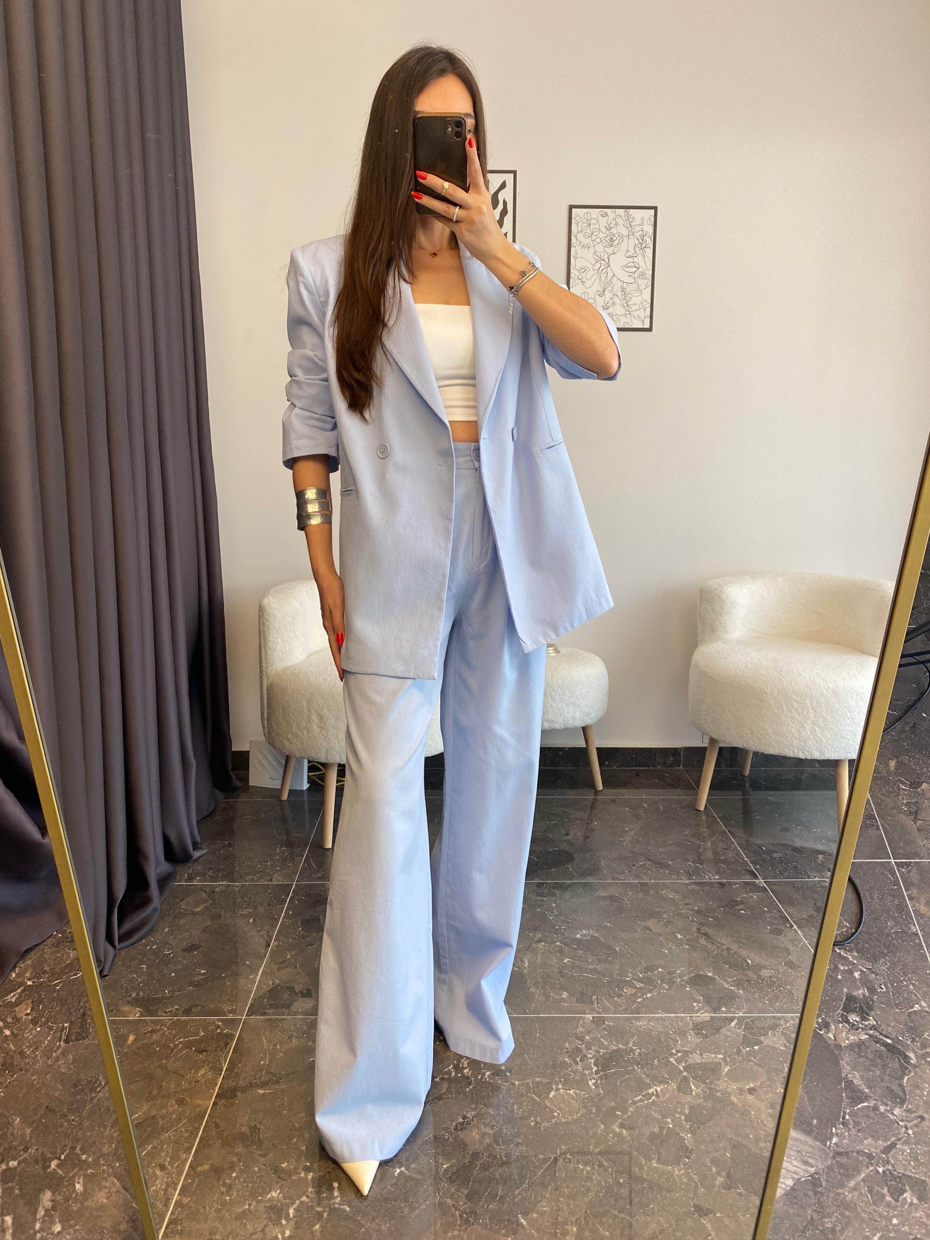Premium Kalite Pamuklu Keten Mavi Ceket Pantolon Takımı