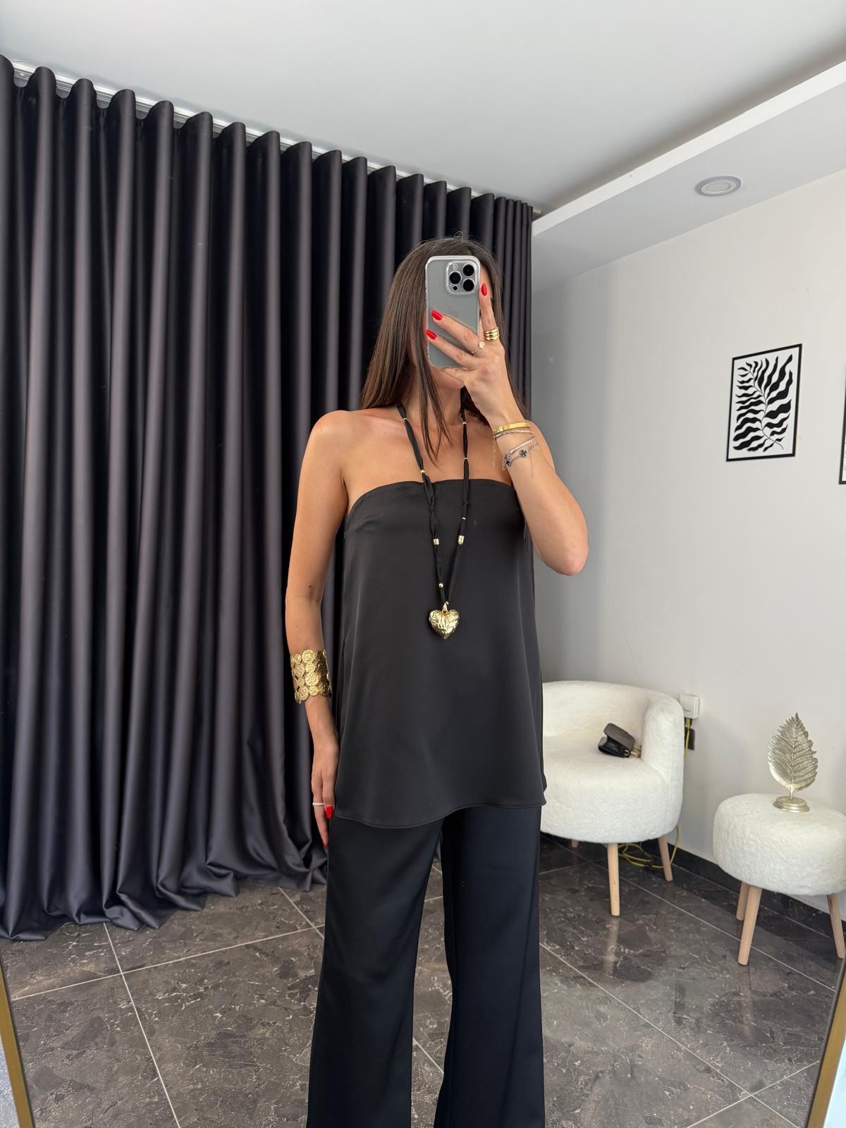 Saten Straplez Bluz Pantolon Takım