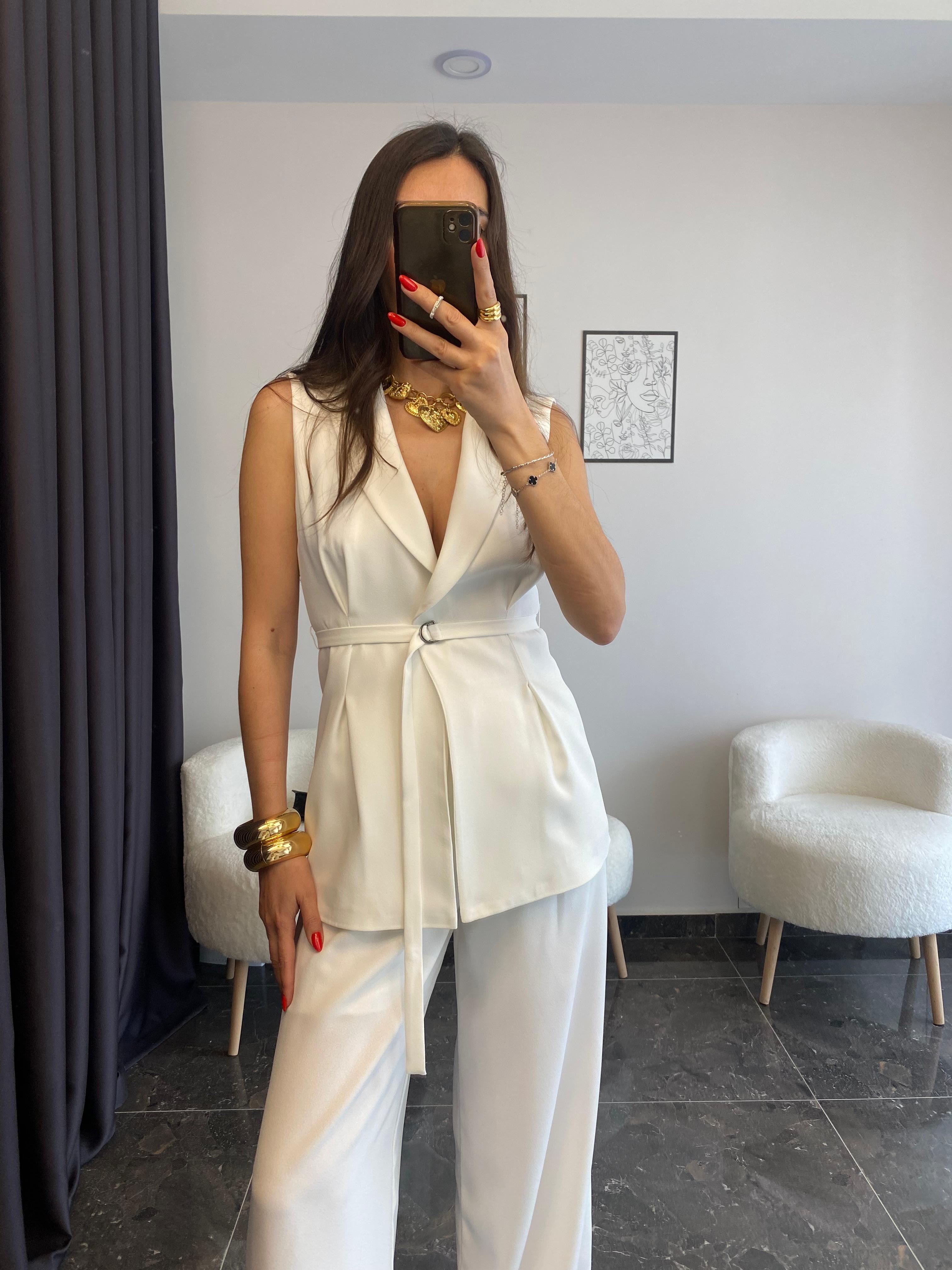 Premium Kalite Beyaz Yelek Pantolon Takımı