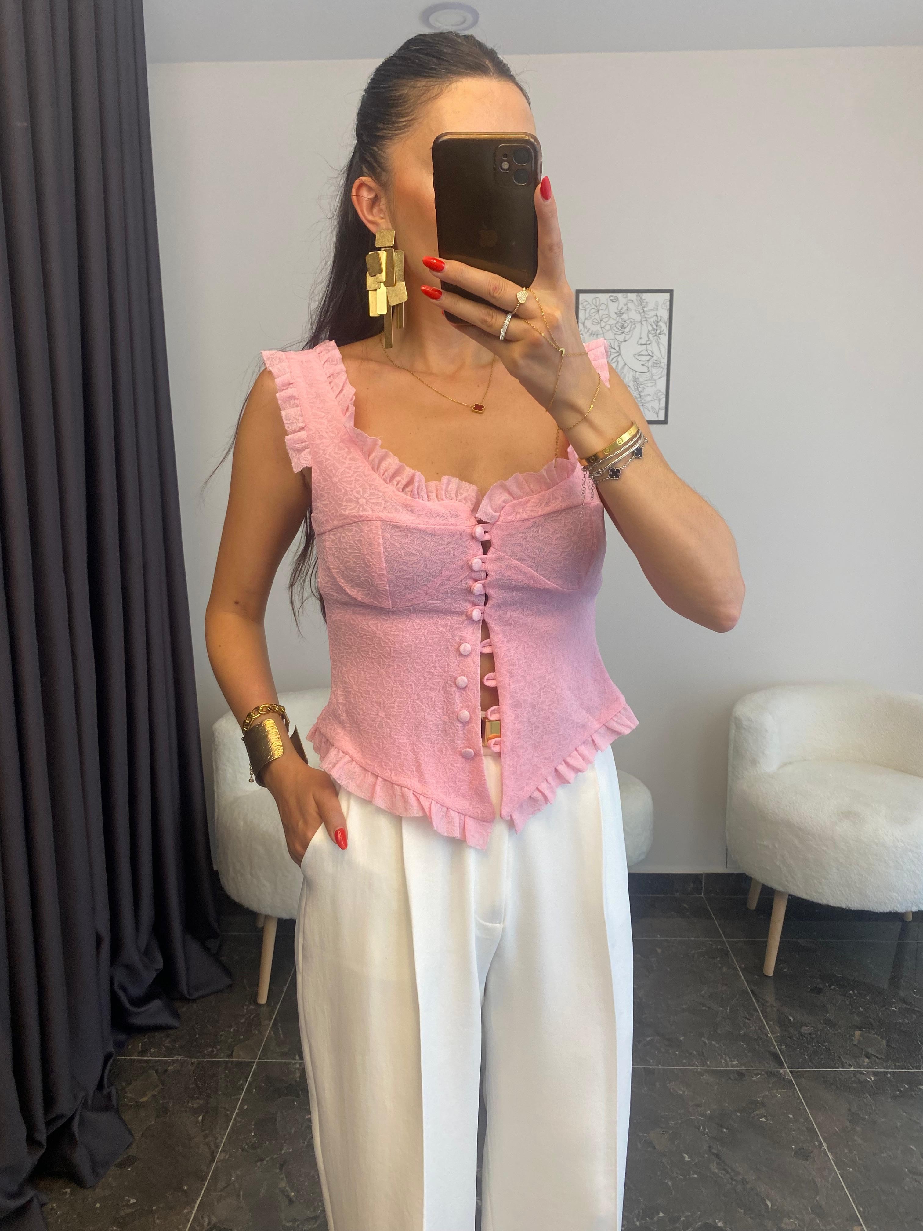 Fırfır Detaylı Dantel Bluz - Pembe
