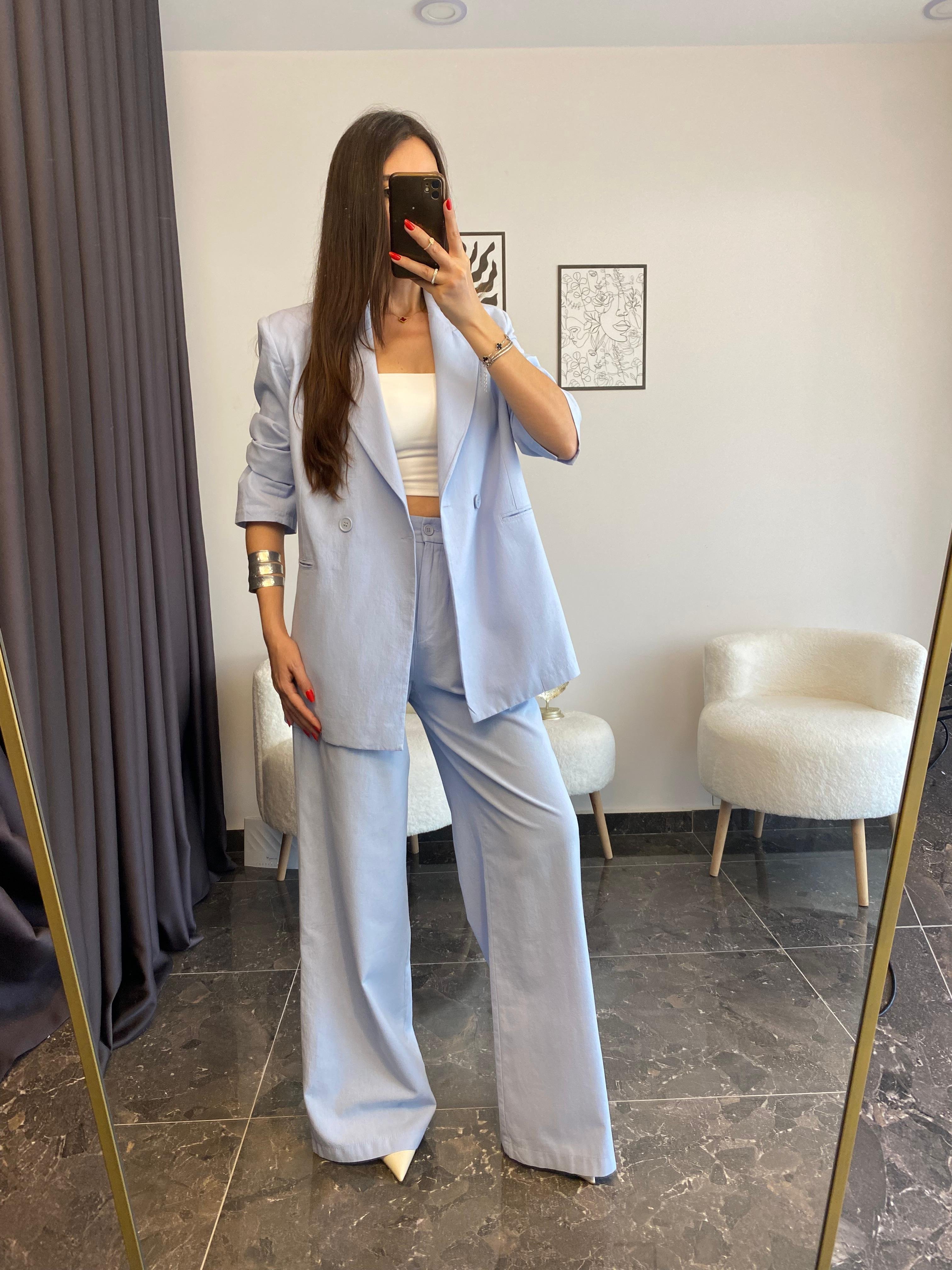 Premium Kalite Pamuklu Keten Mavi Ceket Pantolon Takımı