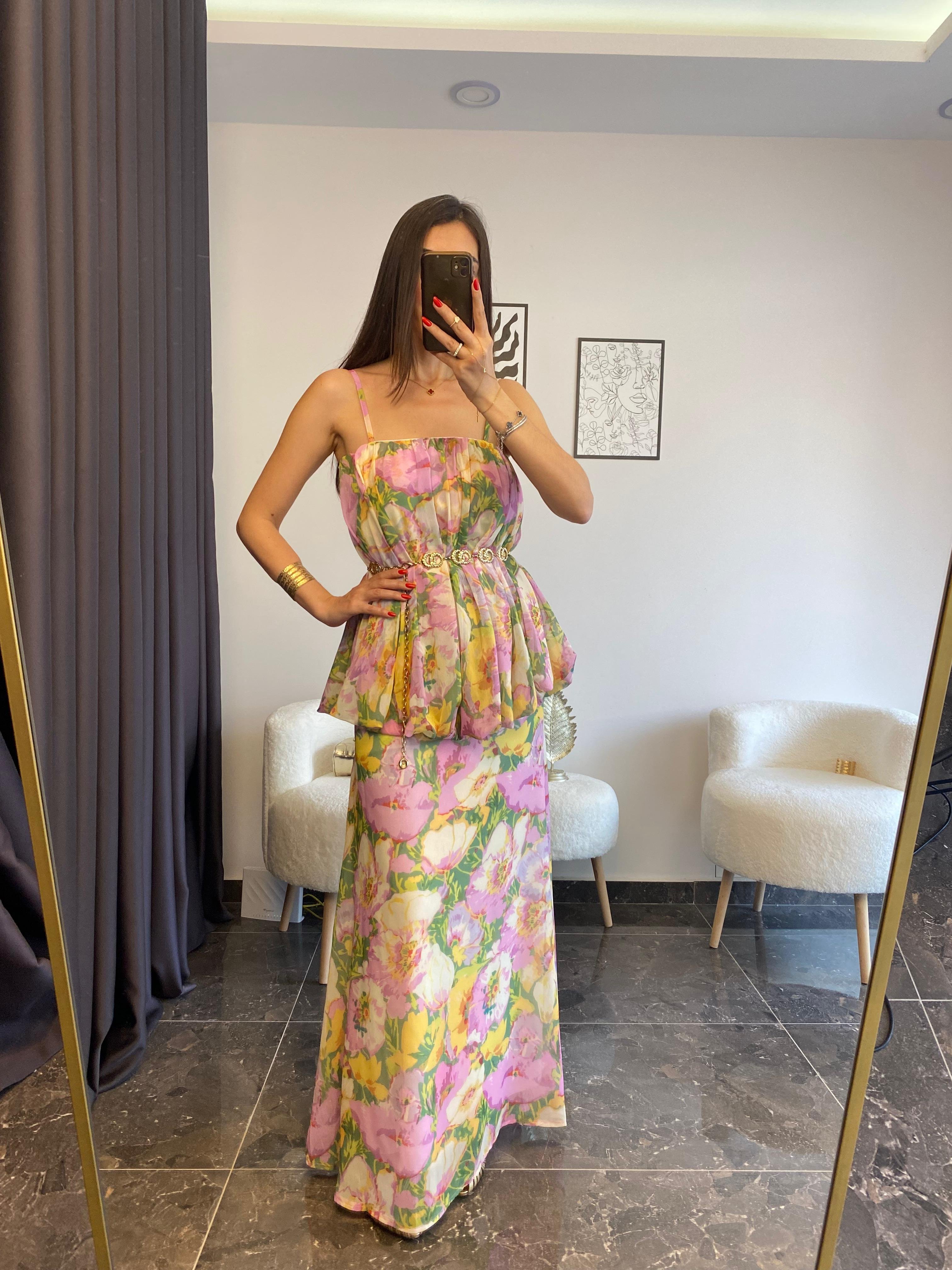 Çiçek Desenli Askılı Şifon Pembe Elbise