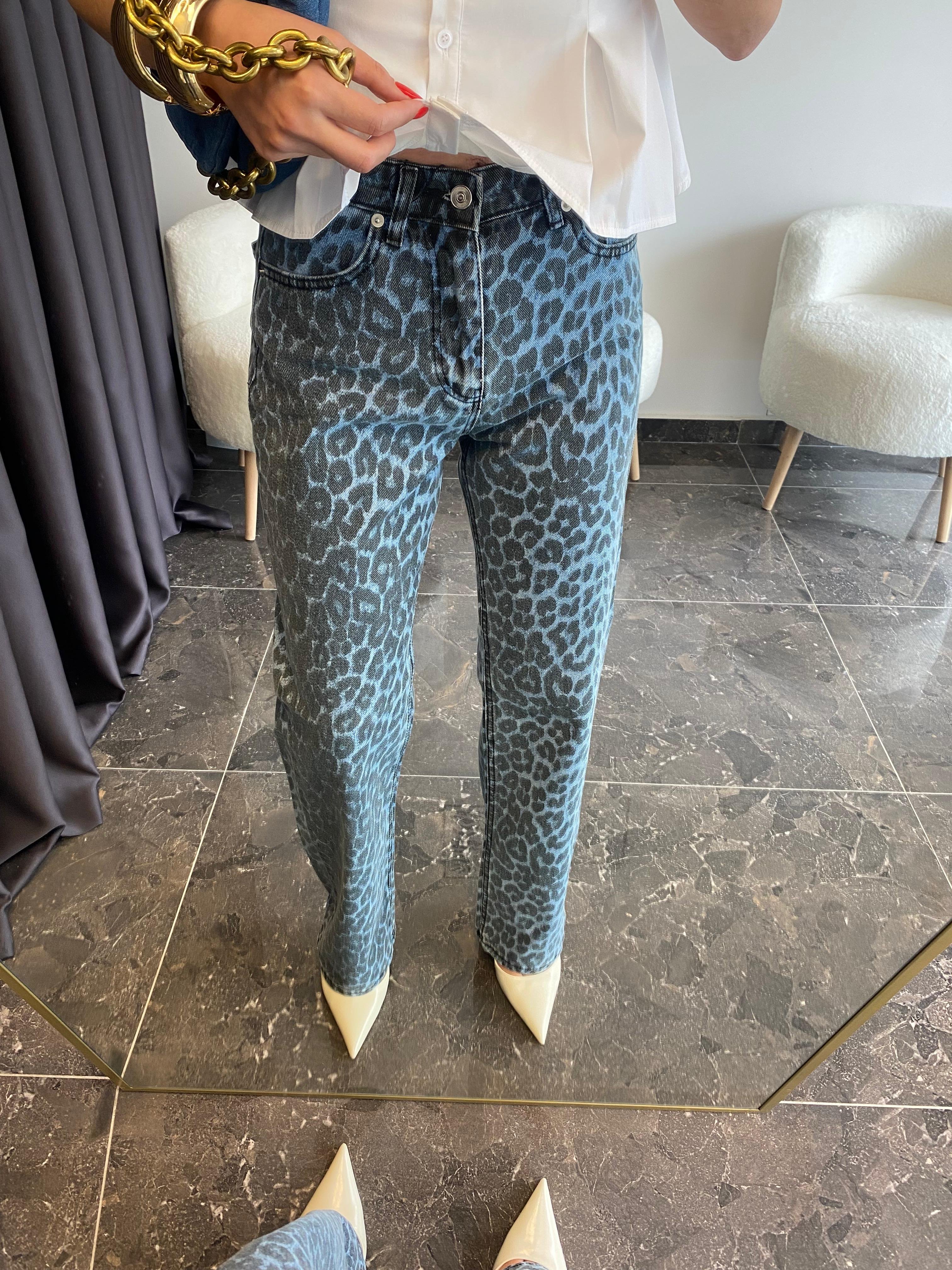 Leopar Desenli Yüksek Bel Jean Pantolon