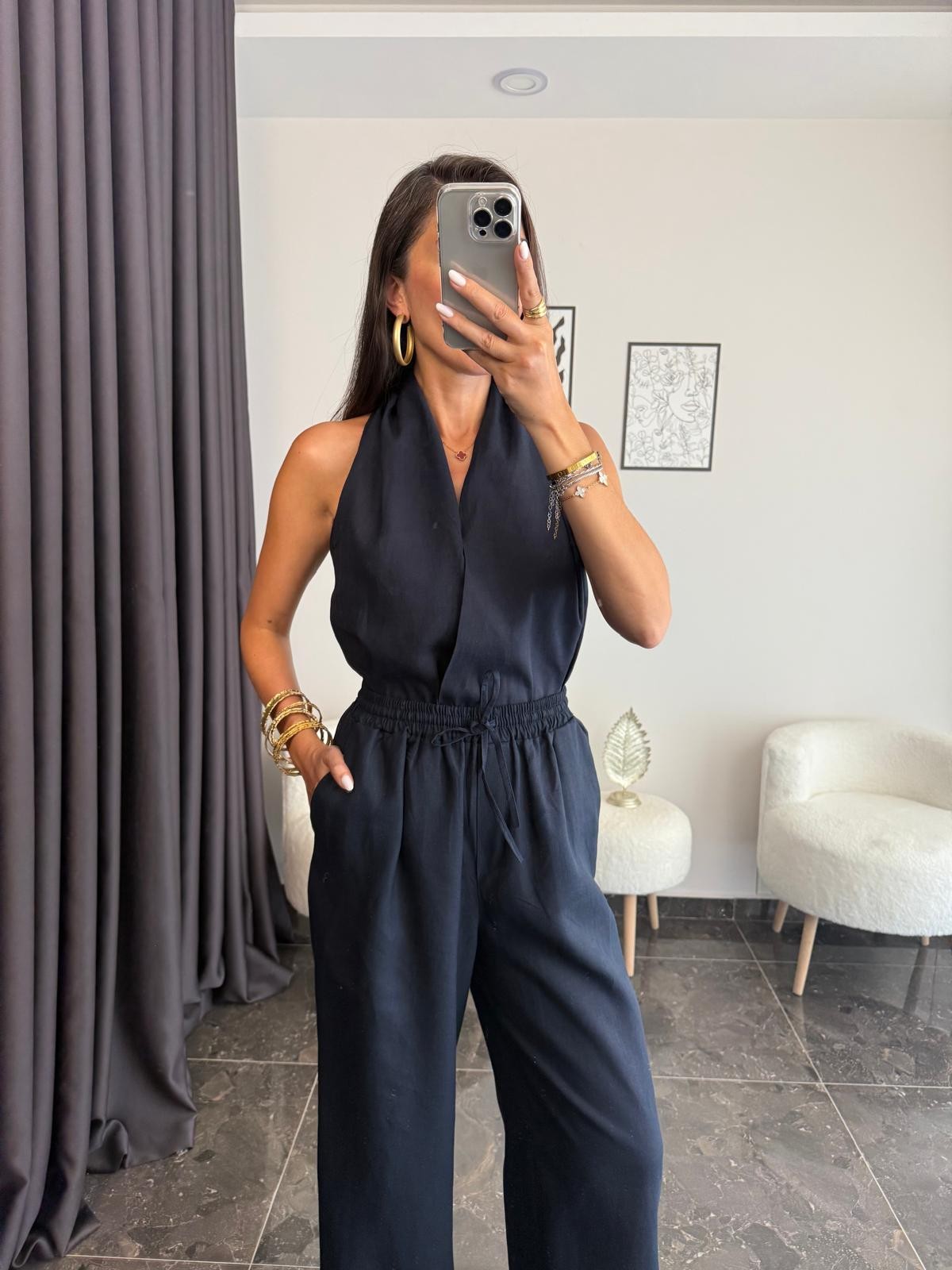 Lacivert Keten Pantolon Bluz Takım