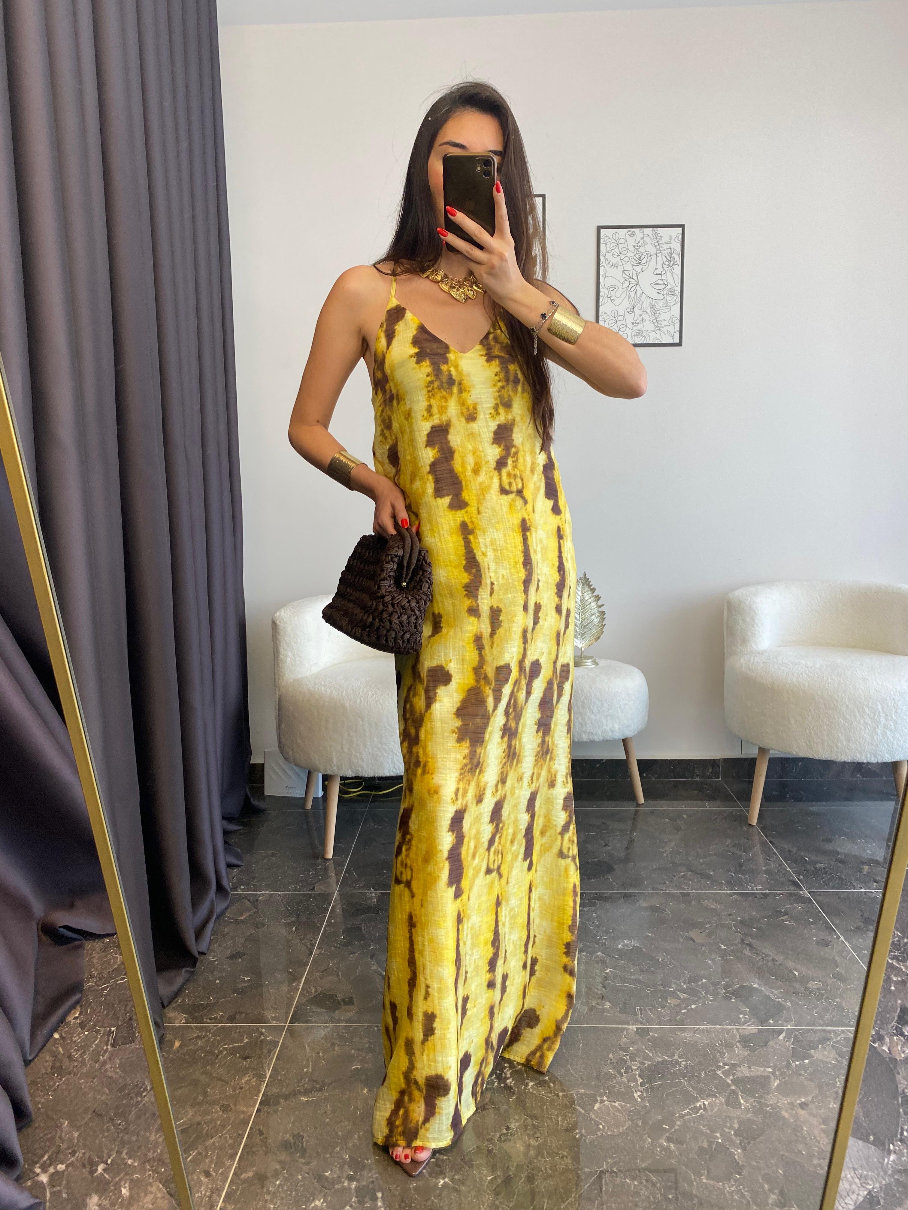 Sarı Kahve Batik Desenli Sırtı Çapraz Elbise