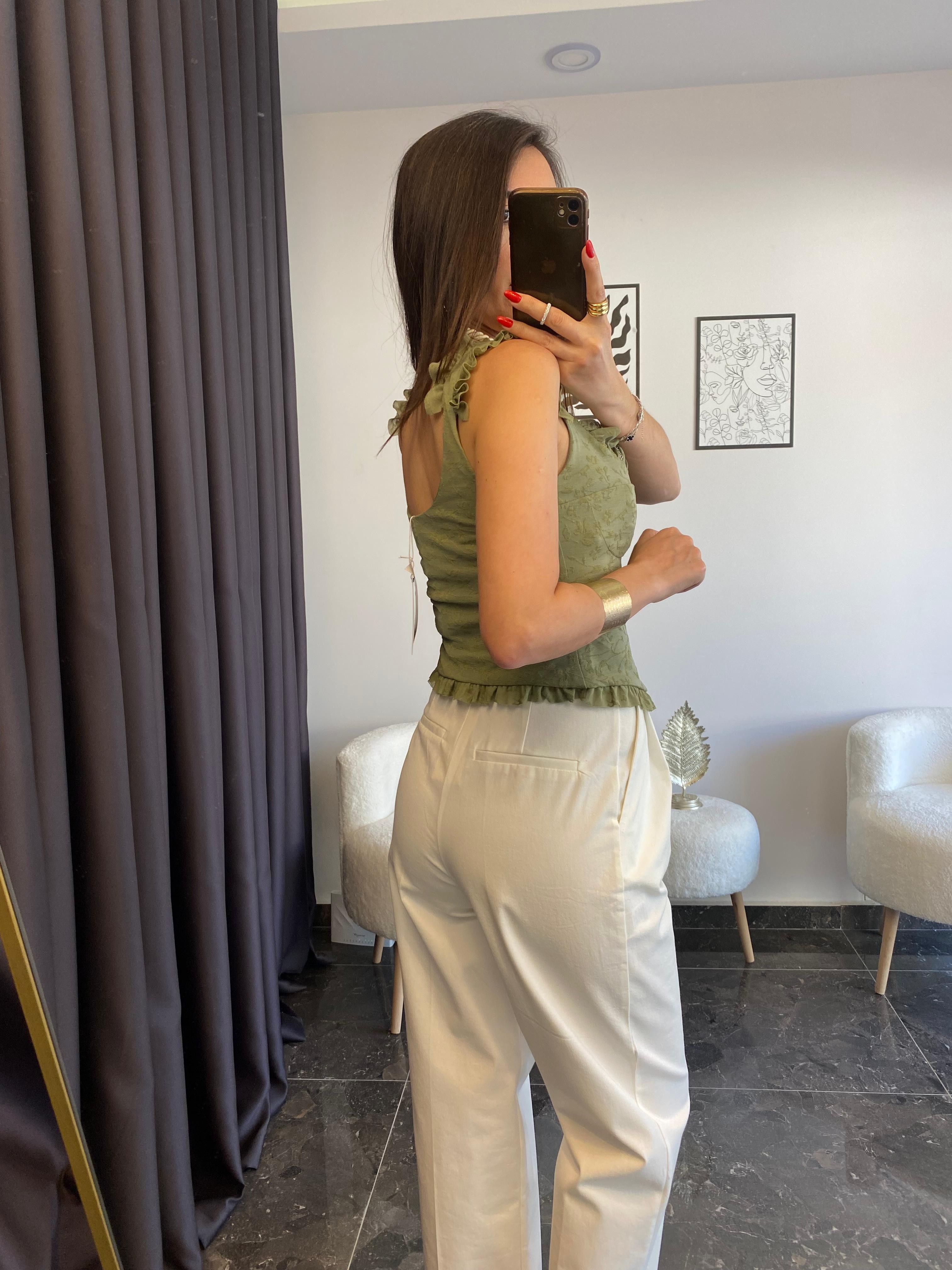 Fırfır Detaylı Haki Dantel Bluz 