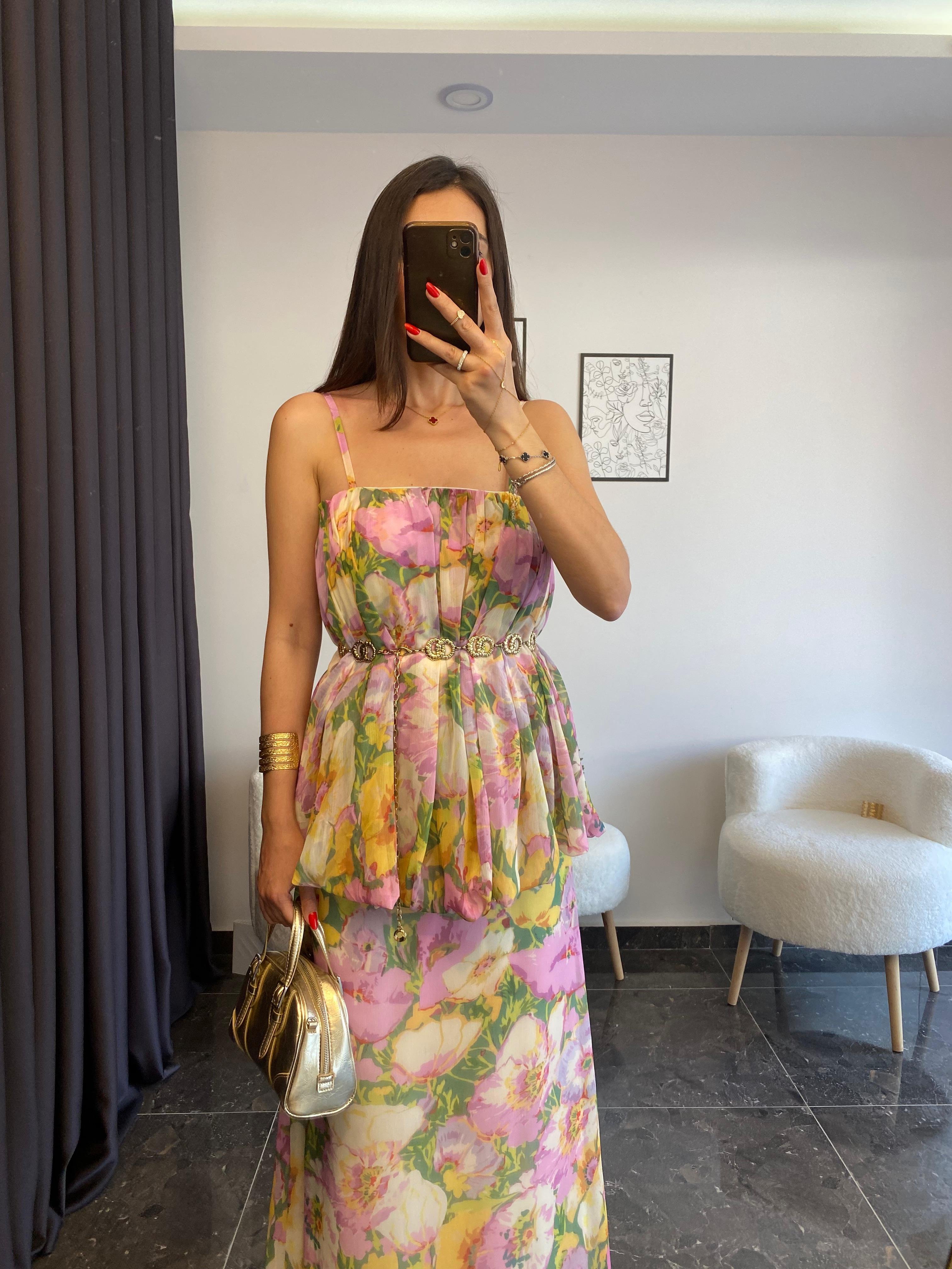 Çiçek Desenli Askılı Şifon Pembe Elbise