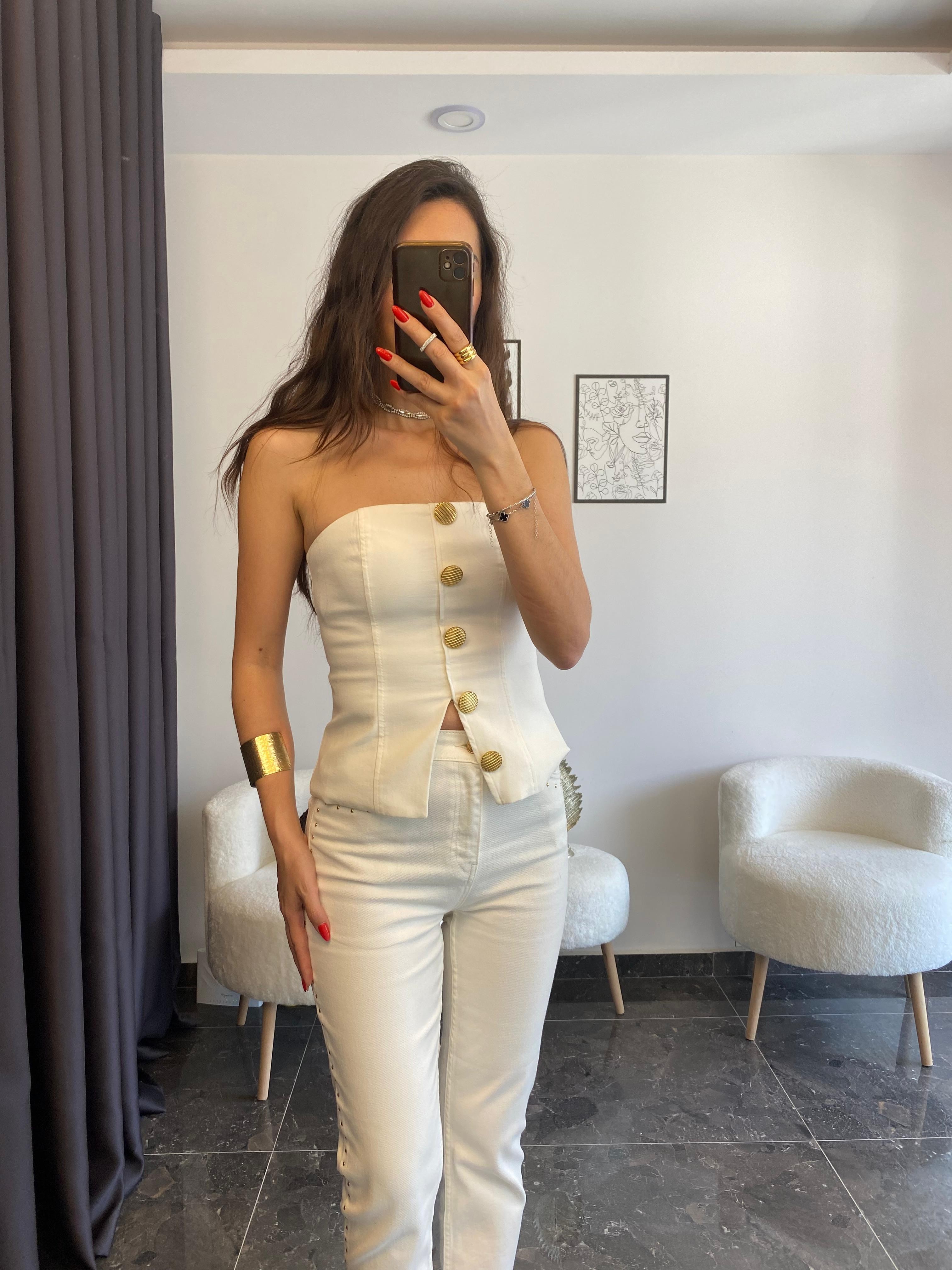 Gold Düğmeli Beyaz Bustiyer