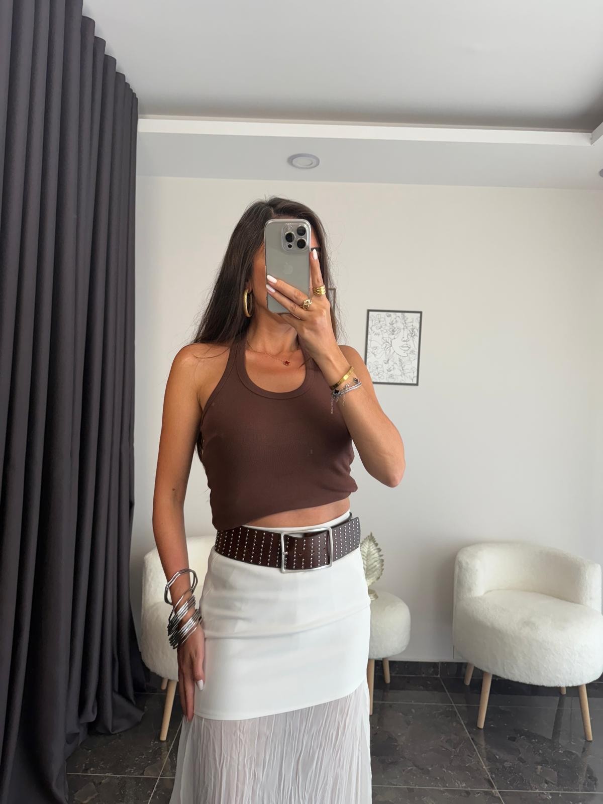 Halter Yaka Basic Bluz - Kahverengi