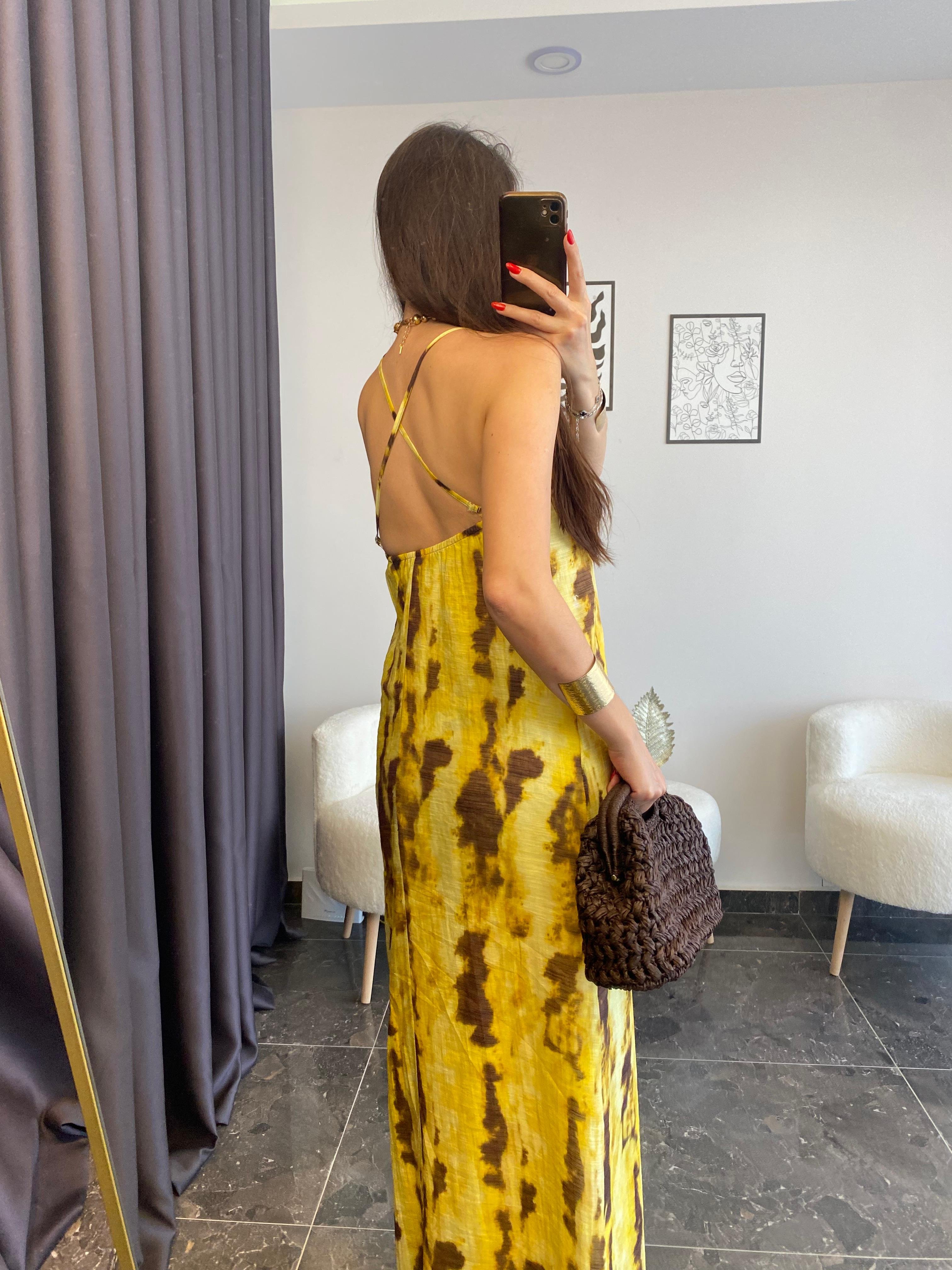 Sarı Kahve Batik Desenli Sırtı Çapraz Elbise