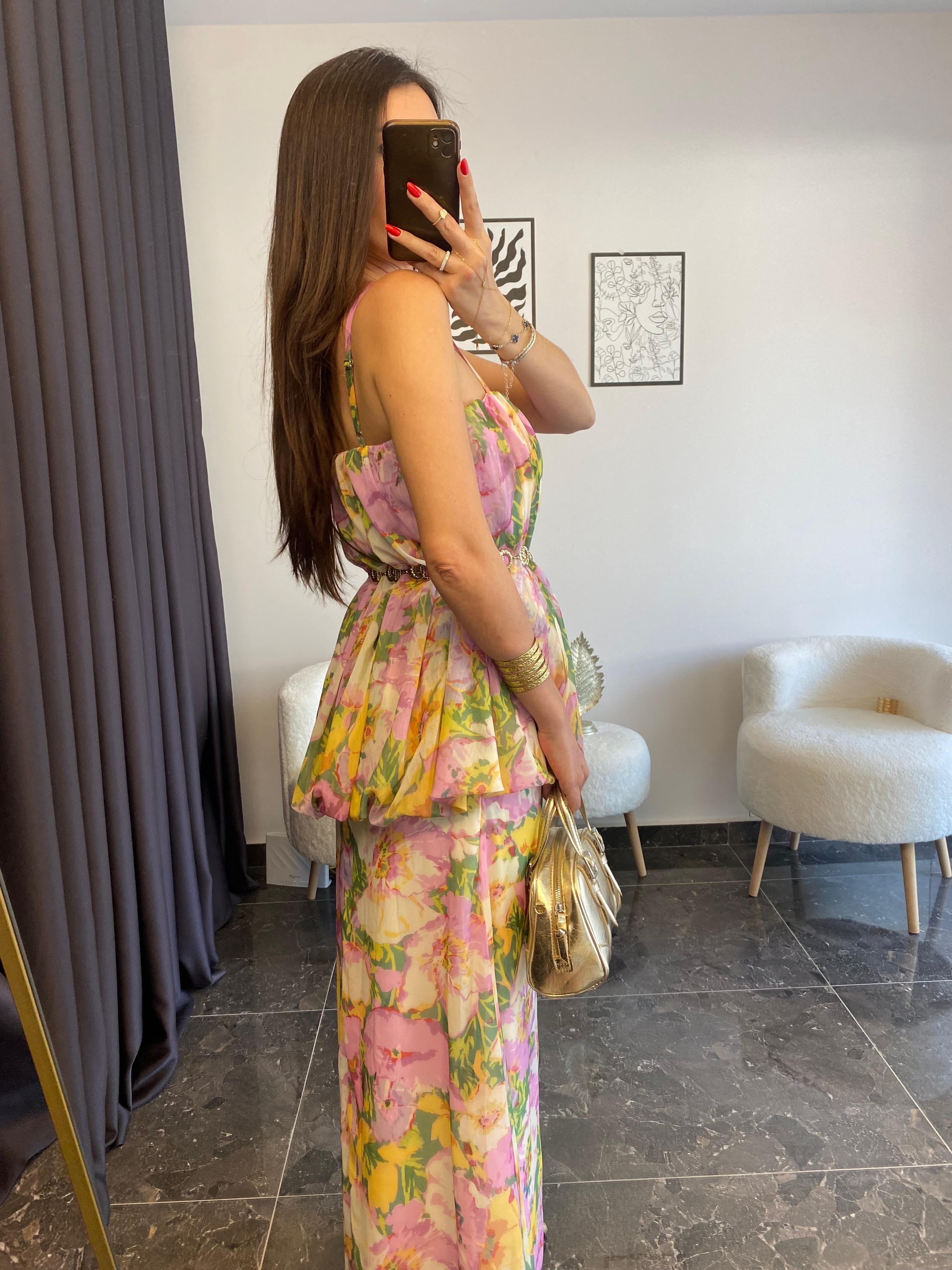 Çiçek Desenli Askılı Şifon Pembe Elbise