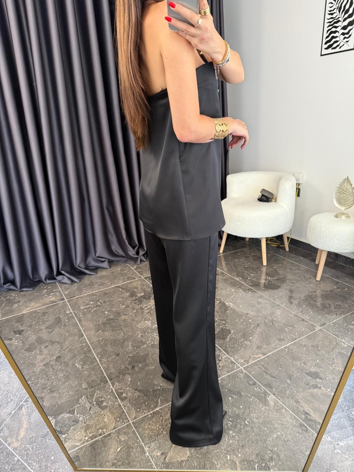Saten Straplez Bluz Pantolon Takım