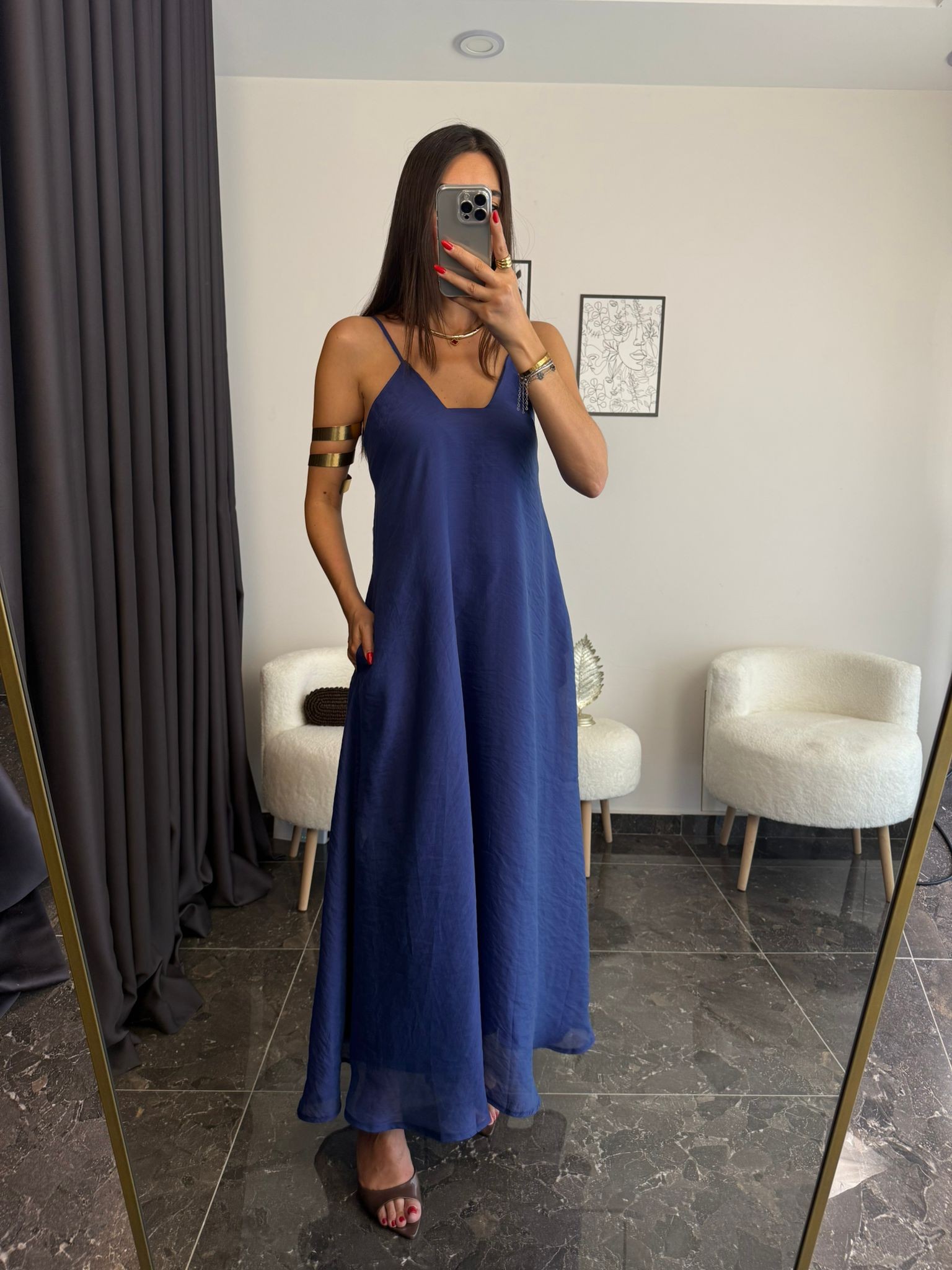 İndigo Askıları Ayarlanabilir Maxi Elbise