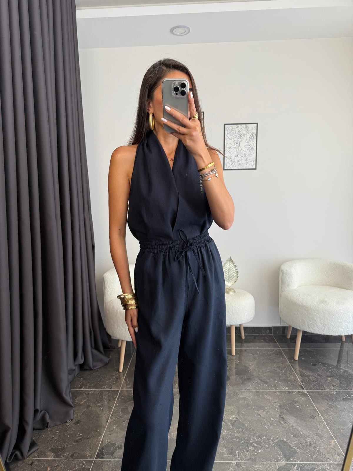 Lacivert Keten Pantolon Bluz Takım