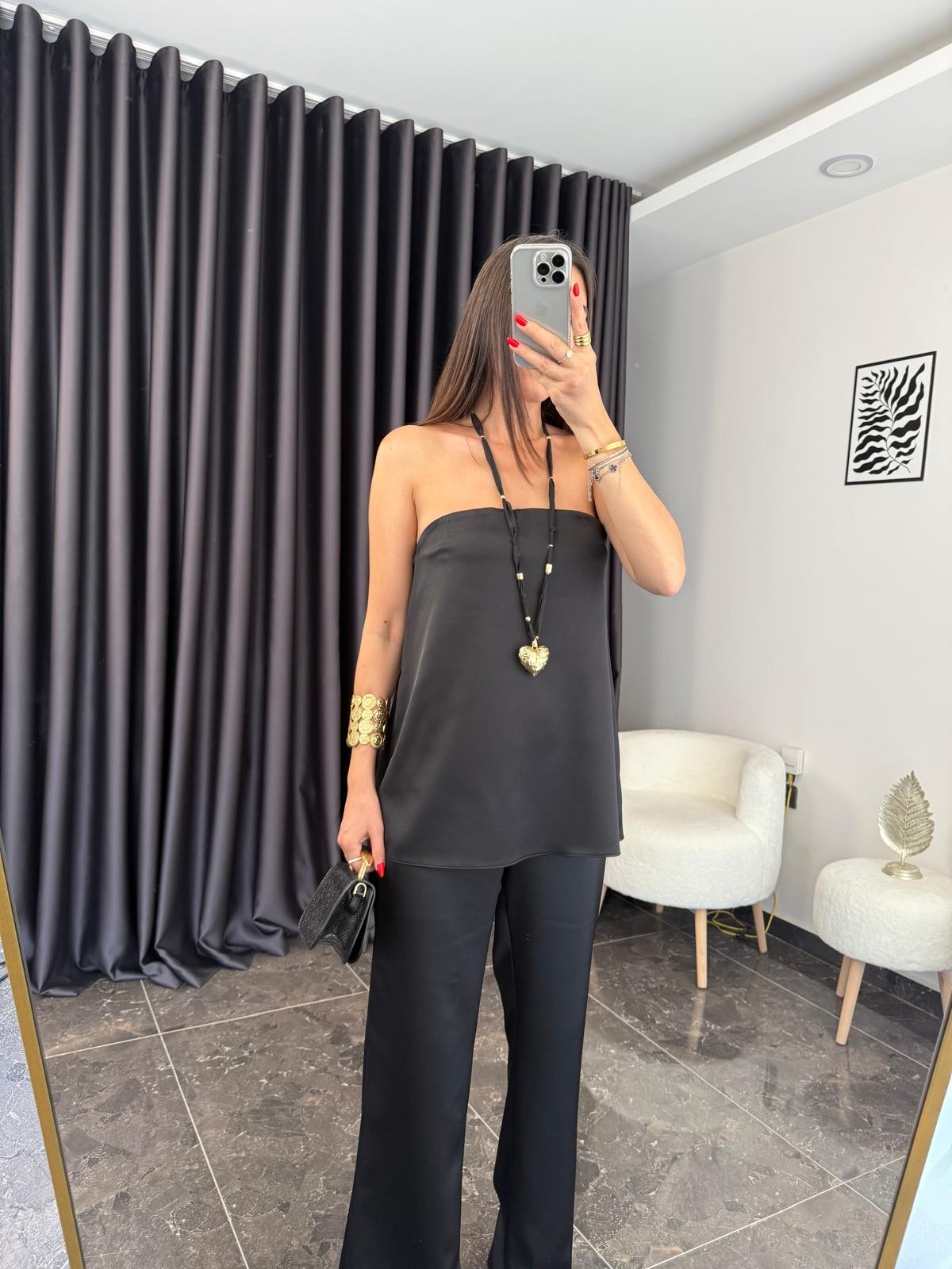 Saten Straplez Bluz Pantolon Takım