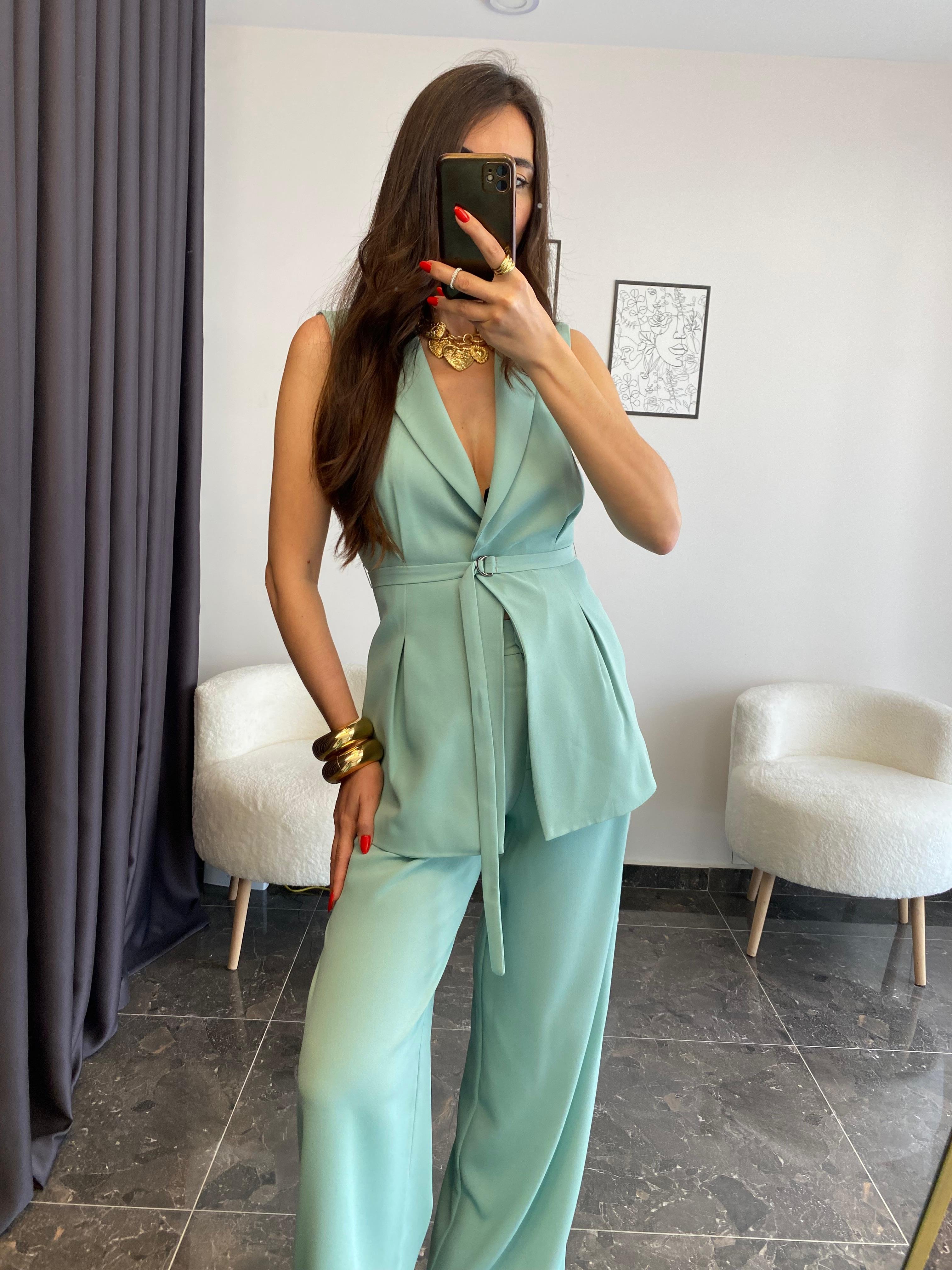 Premium Kalite Mint Yelek Pantolon Takımı