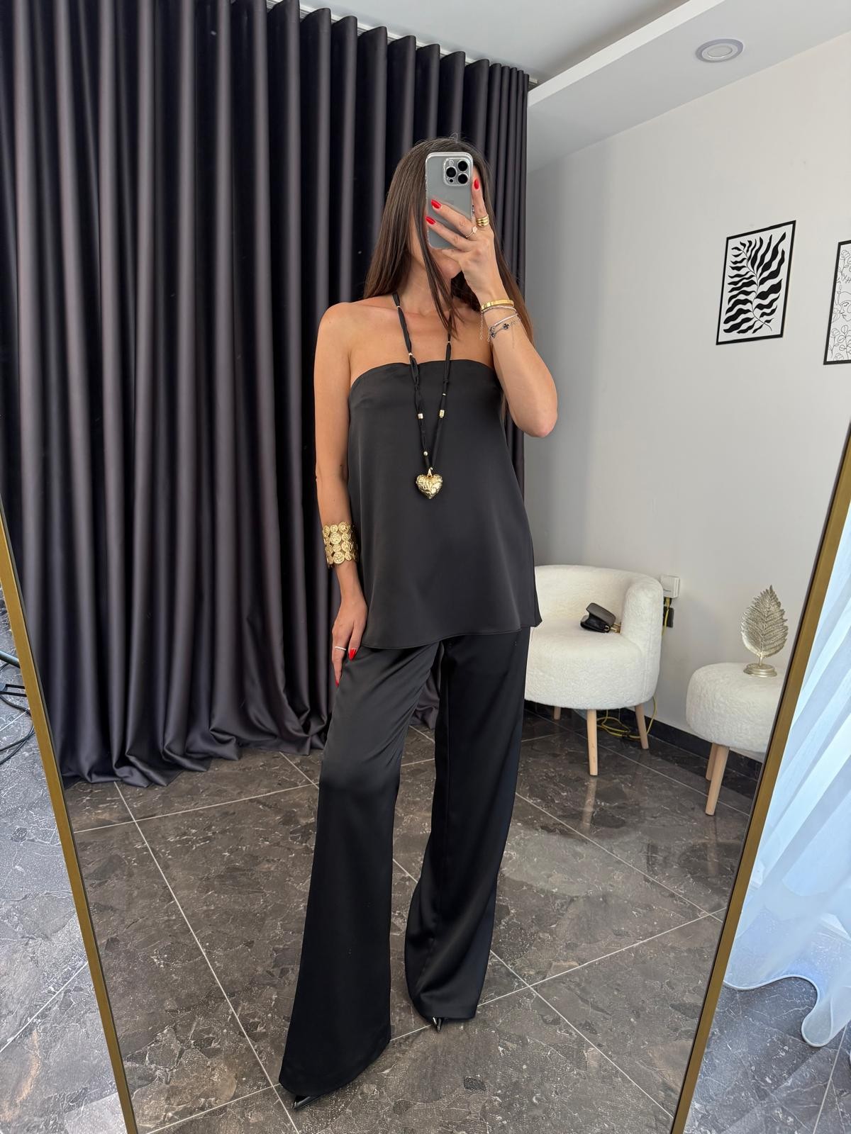 Saten Straplez Bluz Pantolon Takım