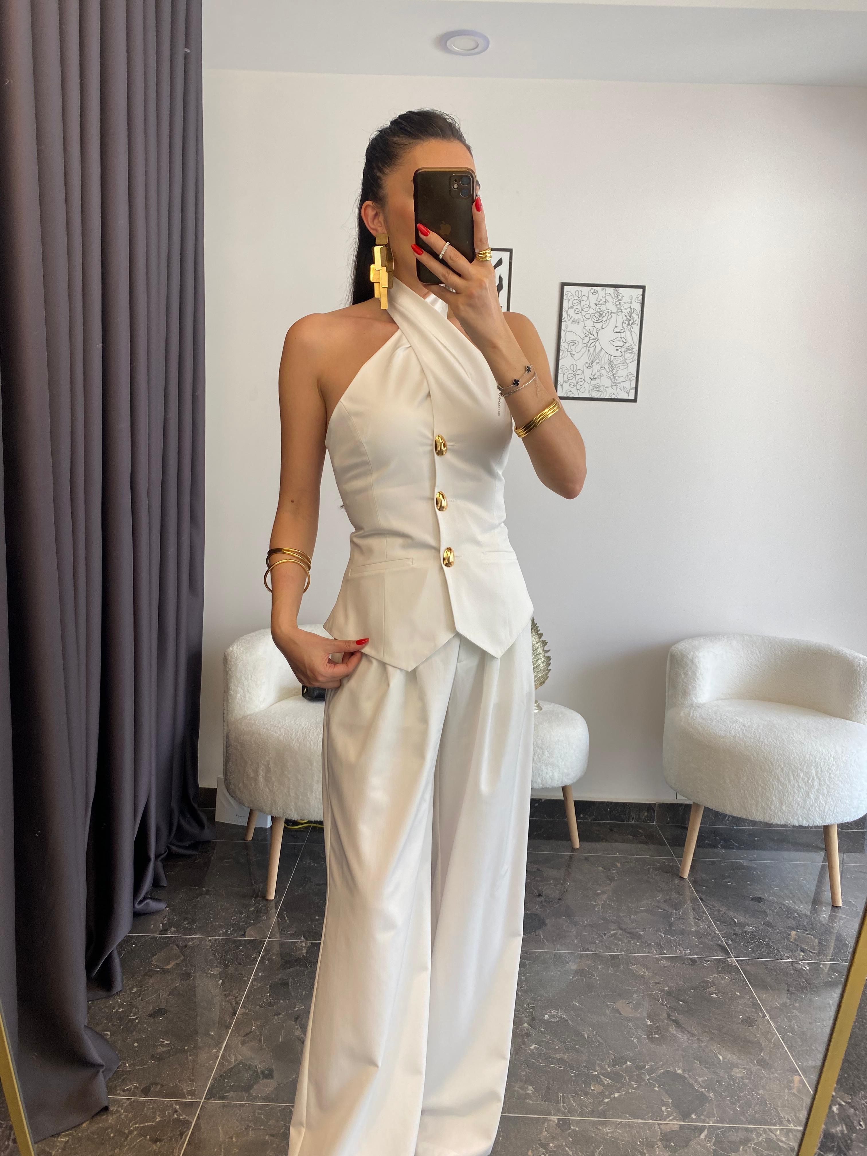 Premium Gold Düğme Detaylı Palazzo Yelek Takımı