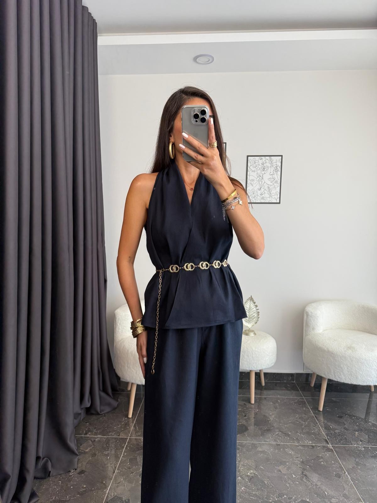 Lacivert Keten Pantolon Bluz Takım