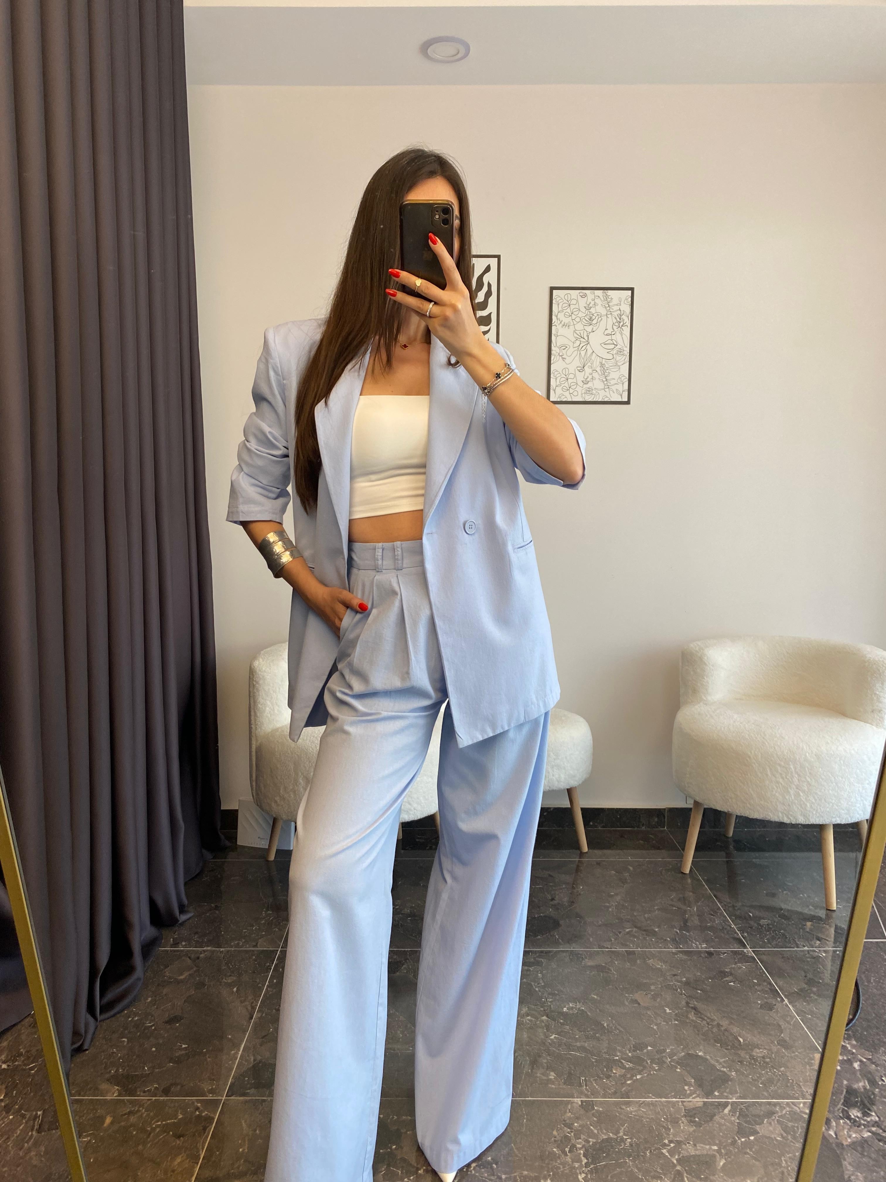 Premium Kalite Pamuklu Keten Mavi Ceket Pantolon Takımı