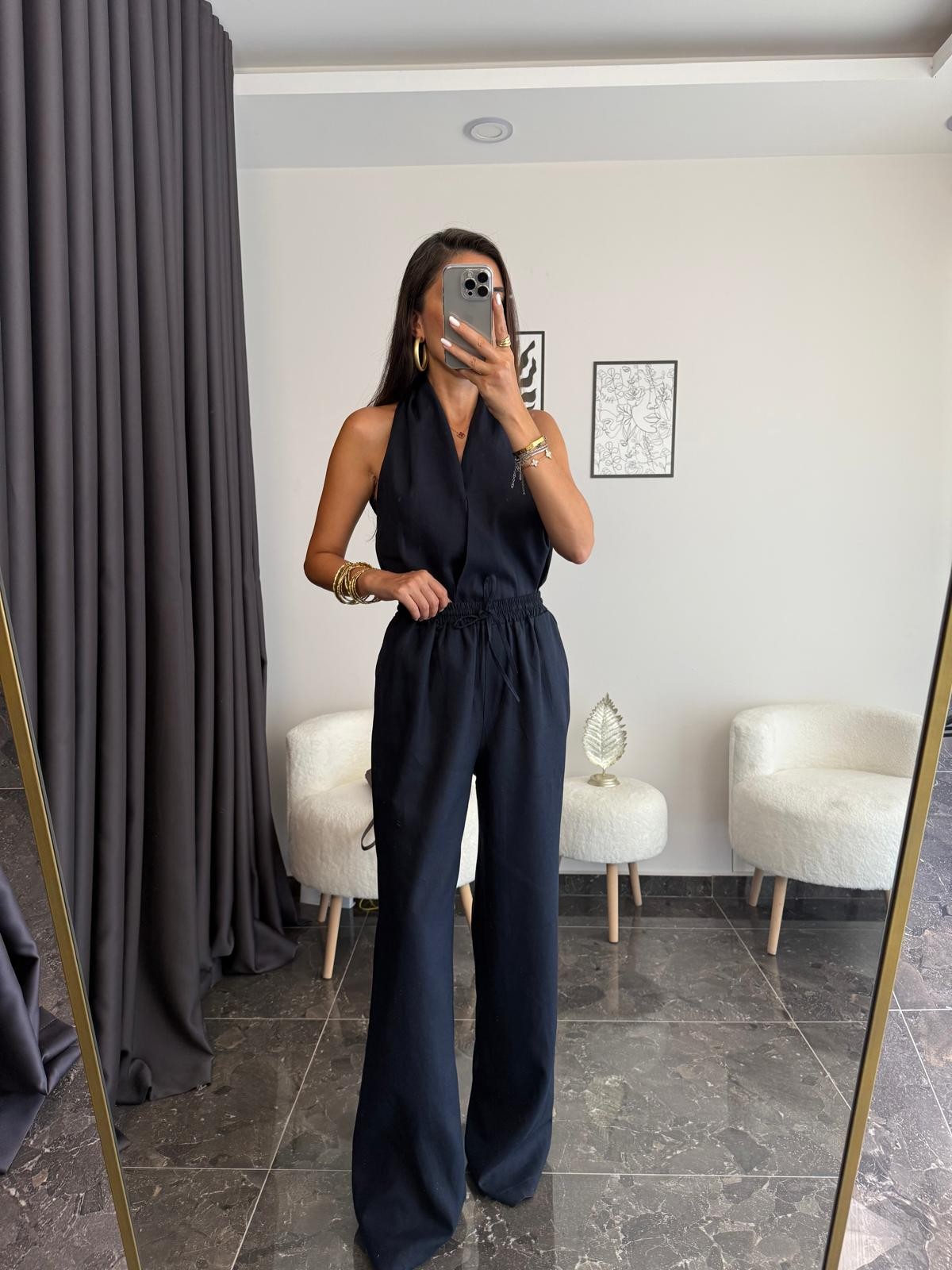 Lacivert Keten Pantolon Bluz Takım