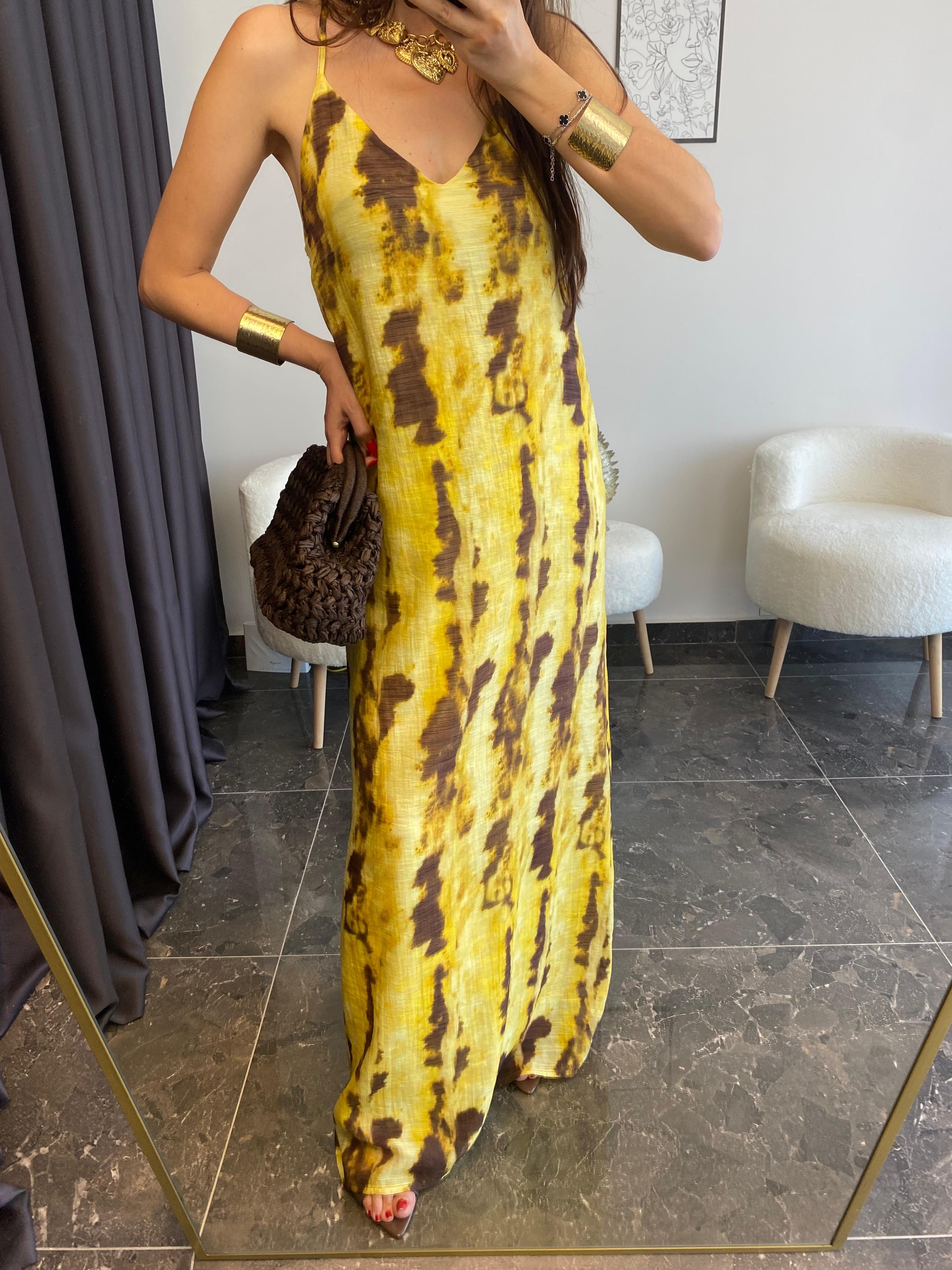 Sarı Kahve Batik Desenli Sırtı Çapraz Elbise