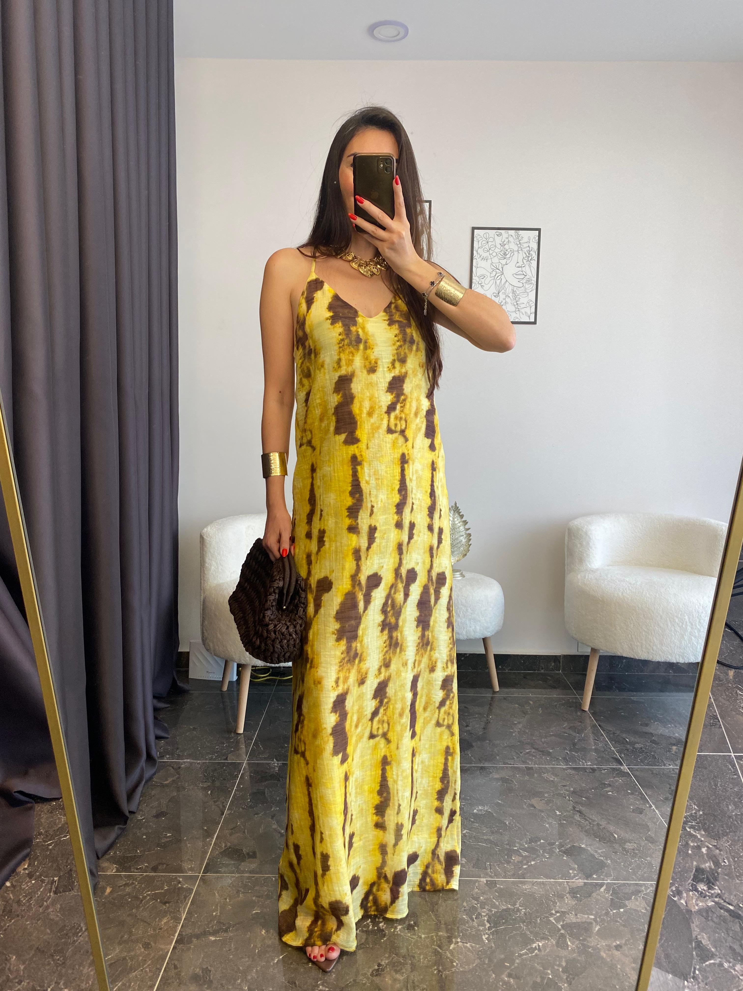 Sarı Kahve Batik Desenli Sırtı Çapraz Elbise