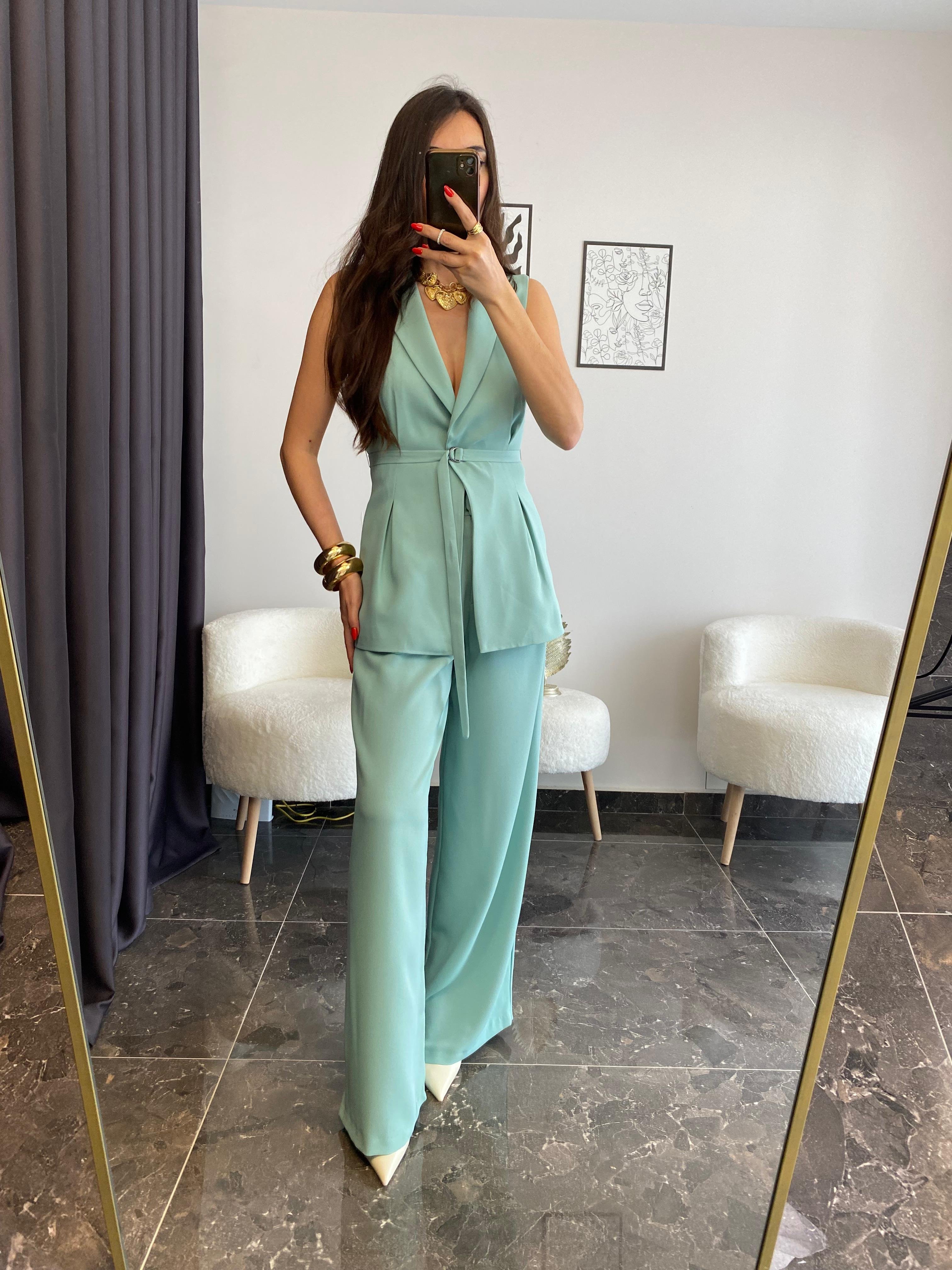 Premium Kalite Mint Yelek Pantolon Takımı