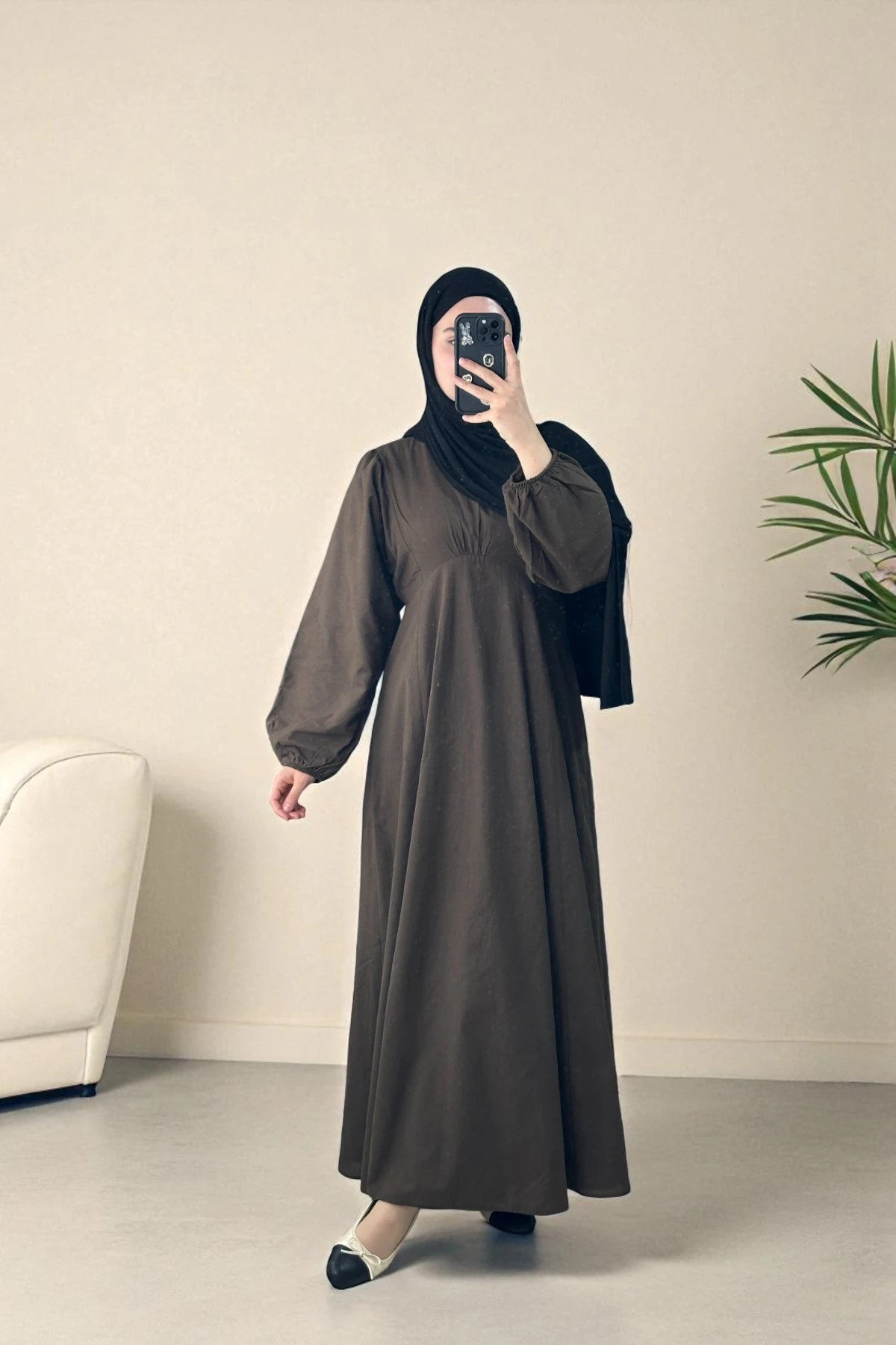 Balon Kol Naturel Elbise - KAHVE