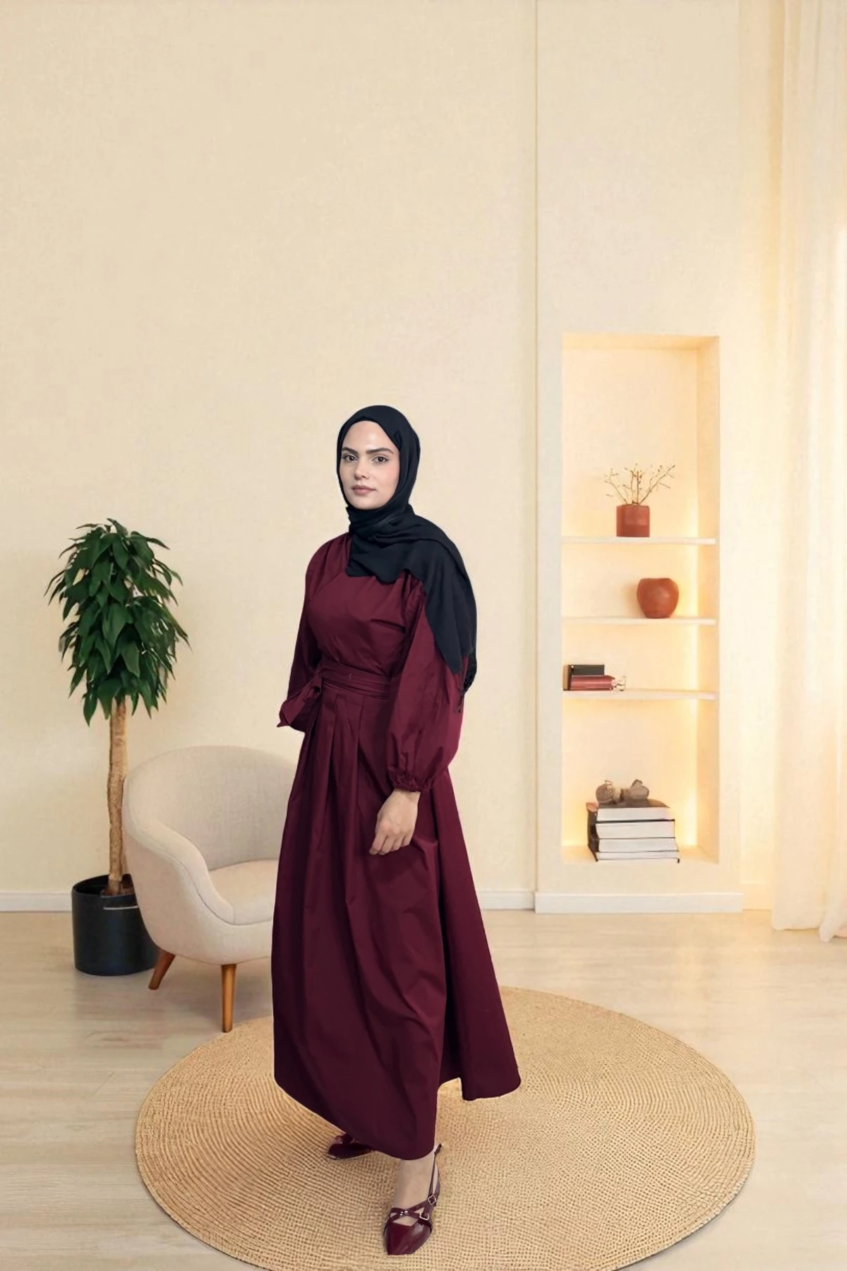 Pamuklu Kruvaze Elbise - BORDO