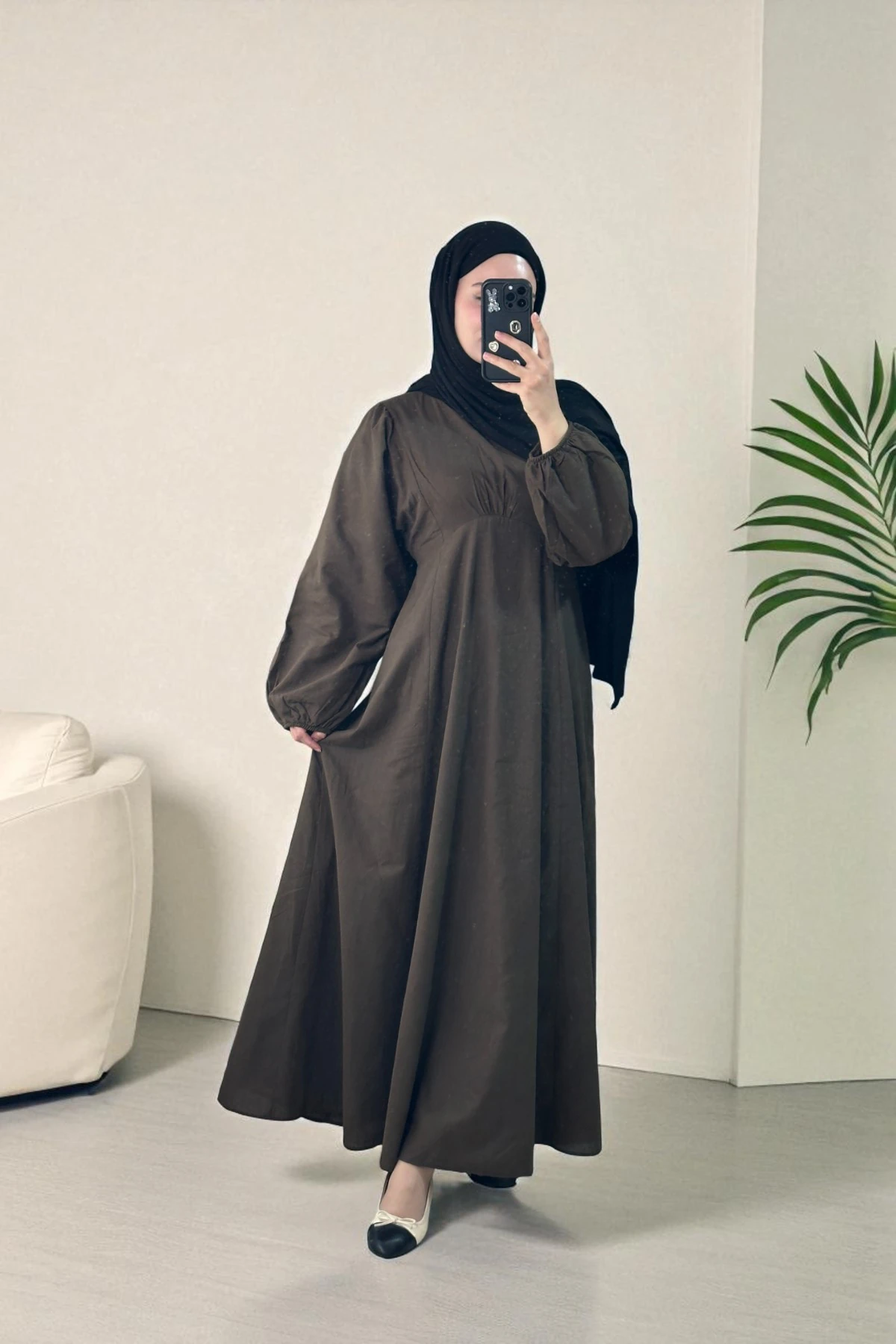 Balon Kol Naturel Elbise - KAHVE