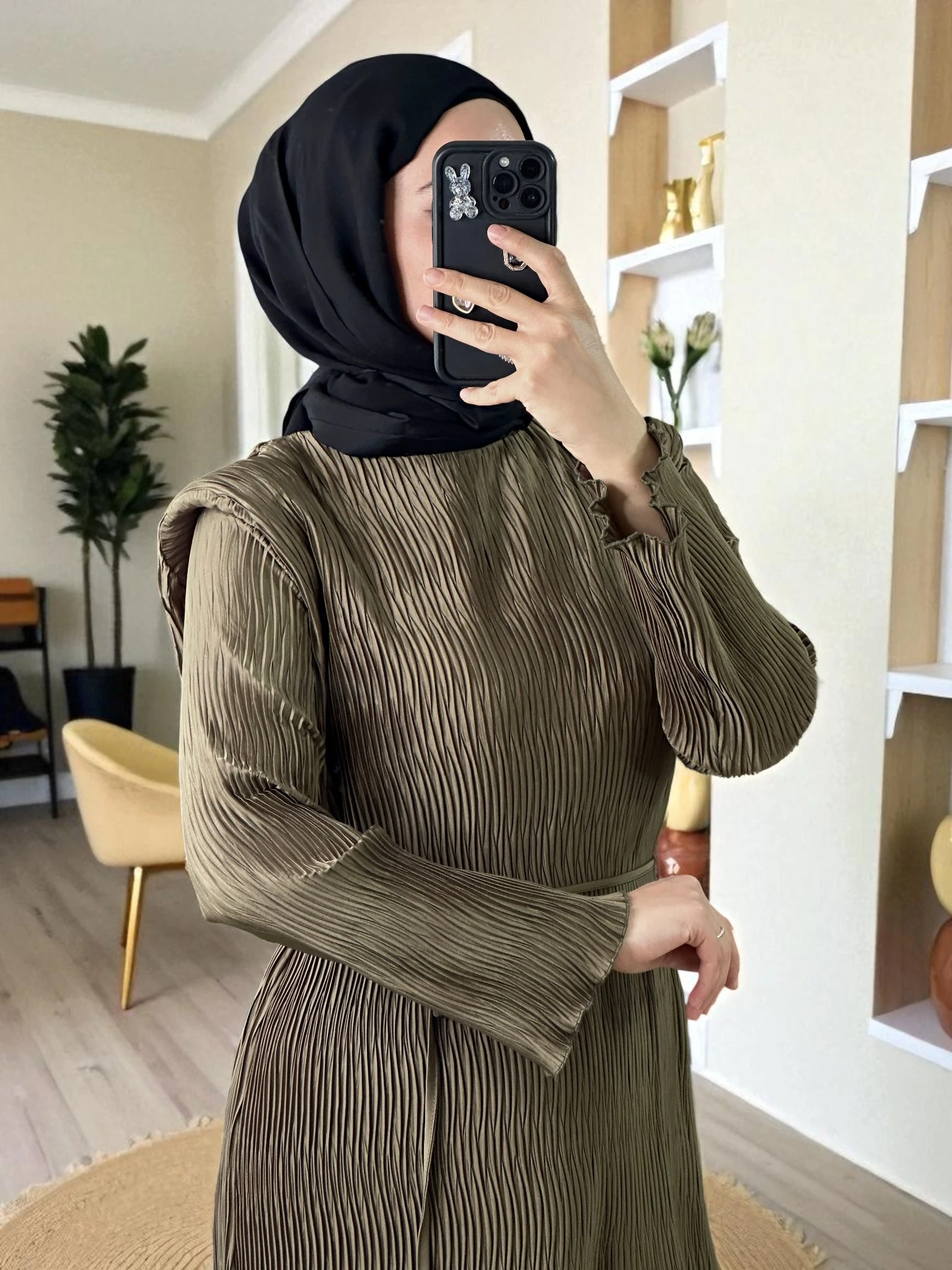 Aller Detaylı Dokulu Saten Elbise - HAKİ