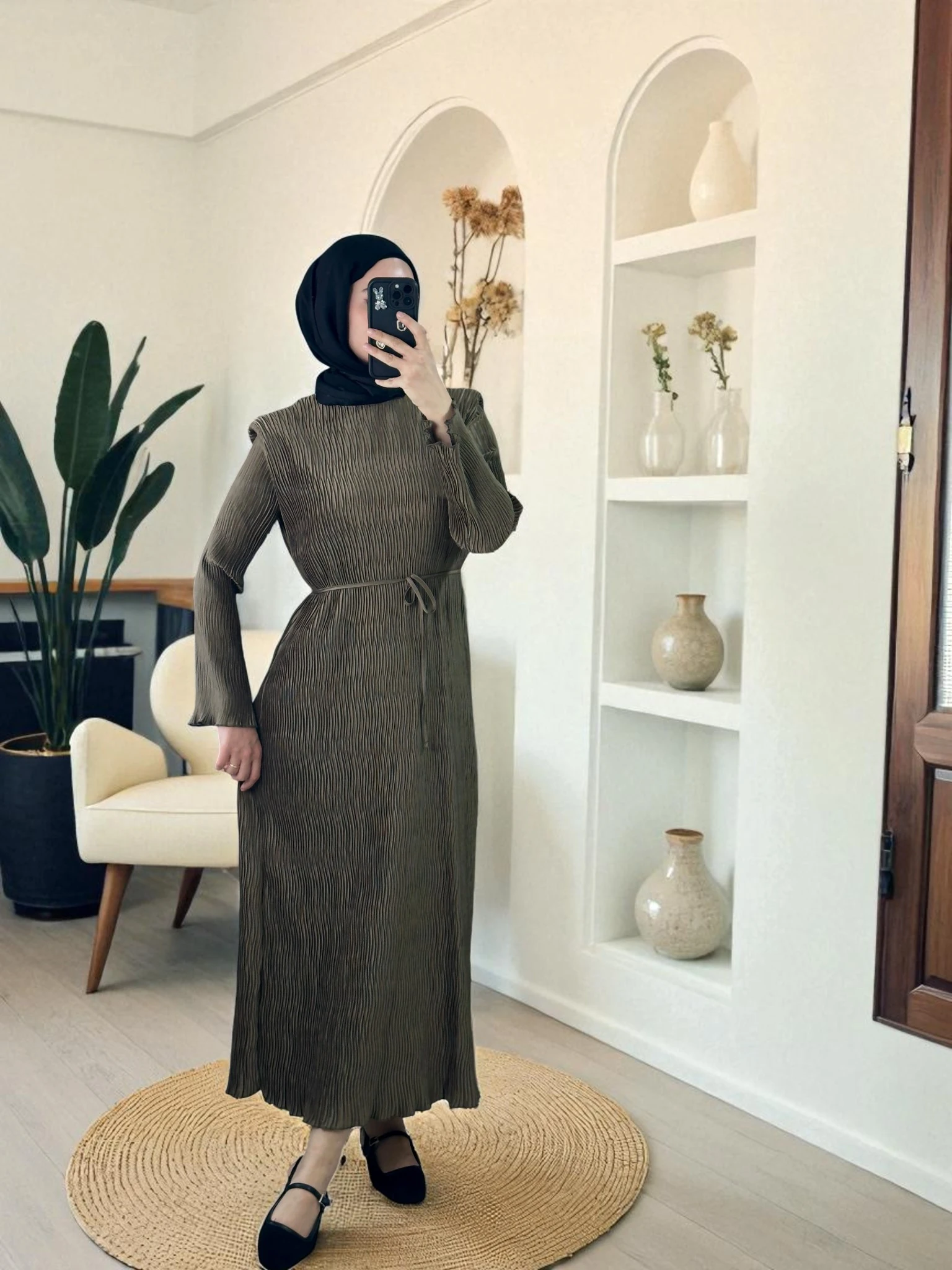 Aller Detaylı Dokulu Saten Elbise - HAKİ