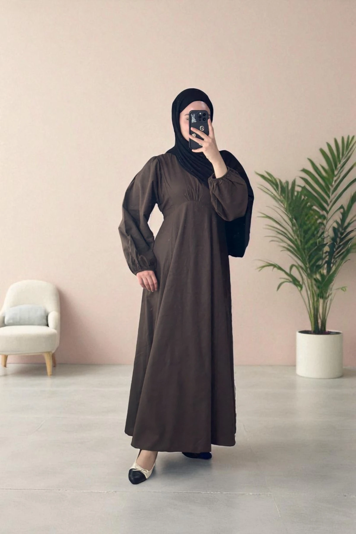 Balon Kol Naturel Elbise - KAHVE