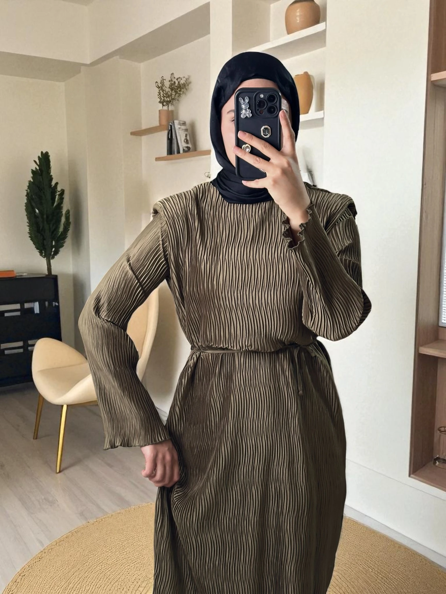 Aller Detaylı Dokulu Saten Elbise - HAKİ