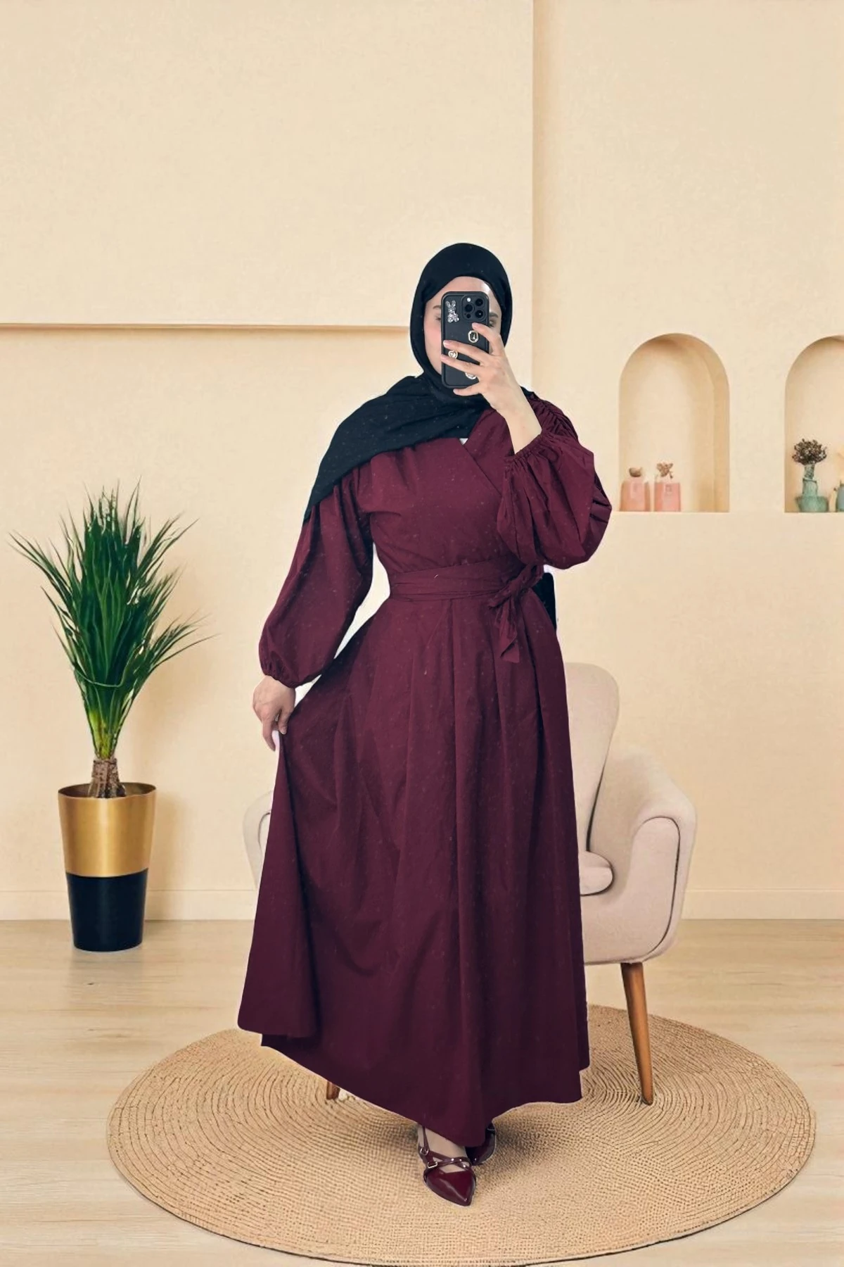 Pamuklu Kruvaze Elbise - BORDO