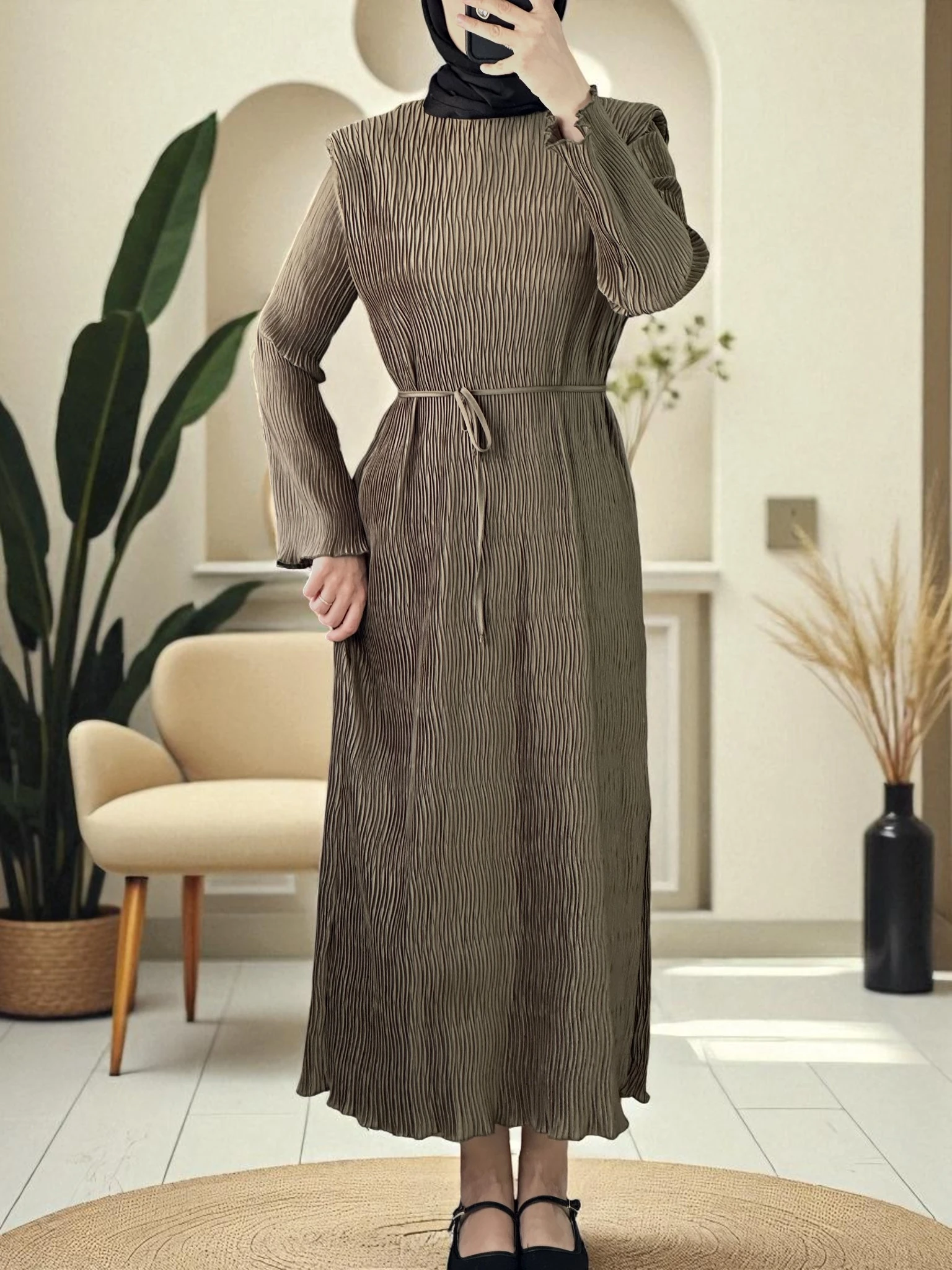 Aller Detaylı Dokulu Saten Elbise - HAKİ