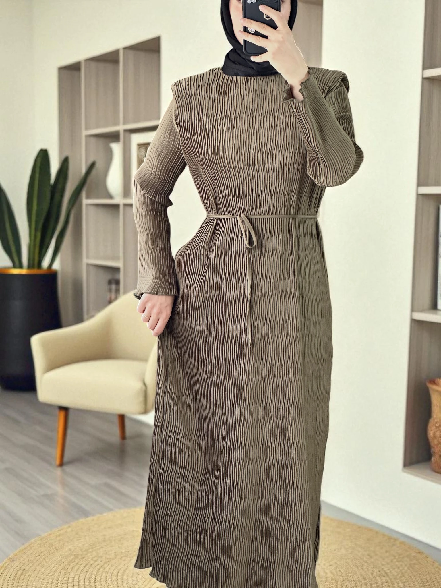 Aller Detaylı Dokulu Saten Elbise - HAKİ