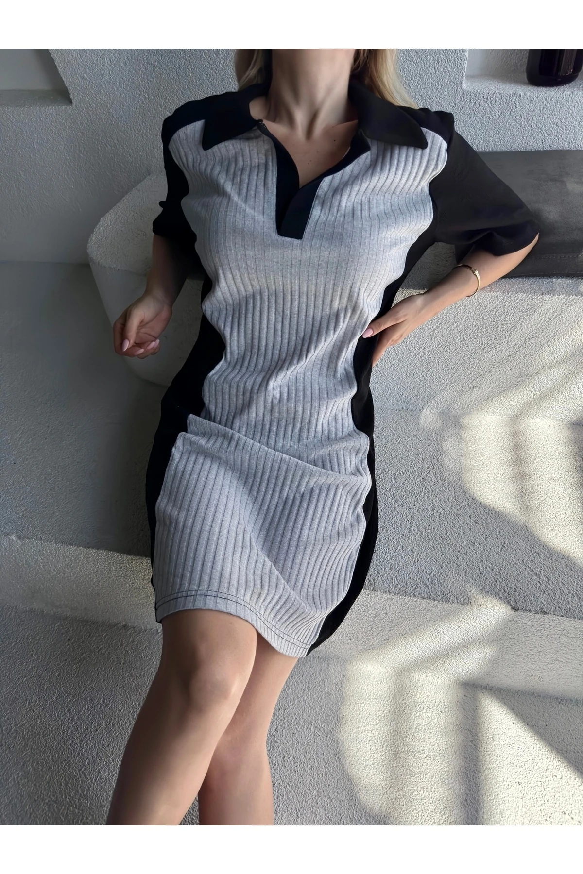 Mh Çift Renk Polo Yaka Kaşkorse Midi Elbise