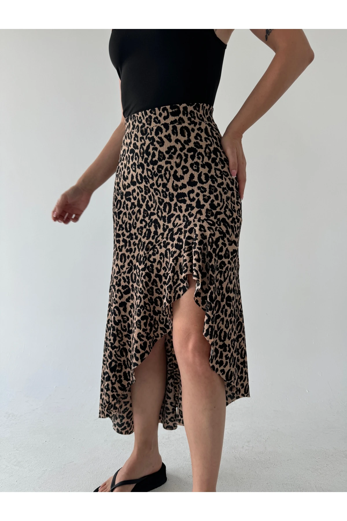 Leopar Desenli Asimetrik Bürümcük Etek