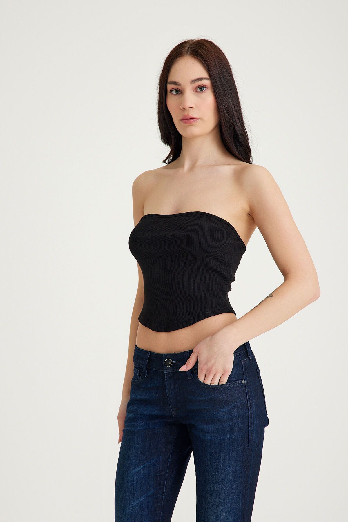 Straplez Kadın Crop Top Büstiyer Siyah