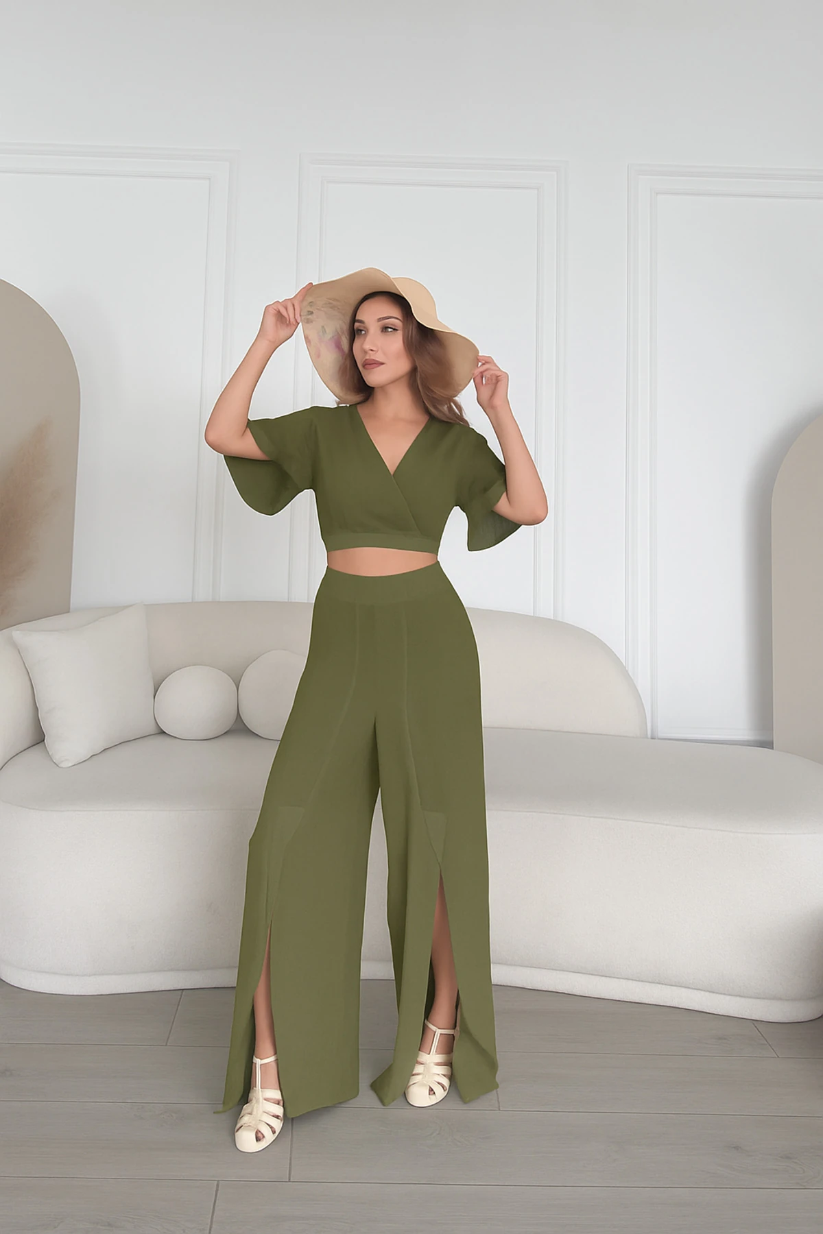 Haki Yırtmaçlı Pantolon - Crop Kadın Takım