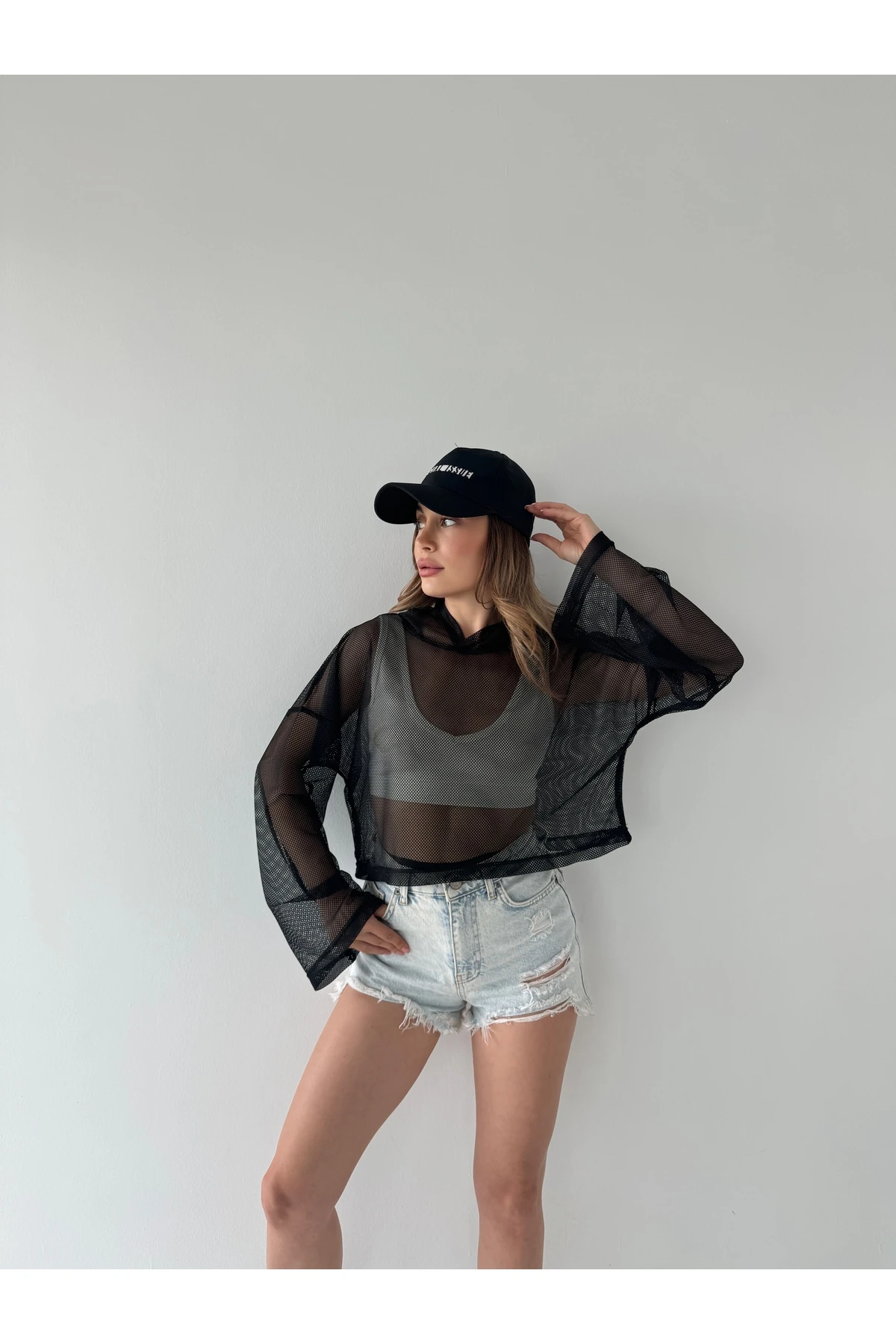 Kapişonlu File Oversize Crop