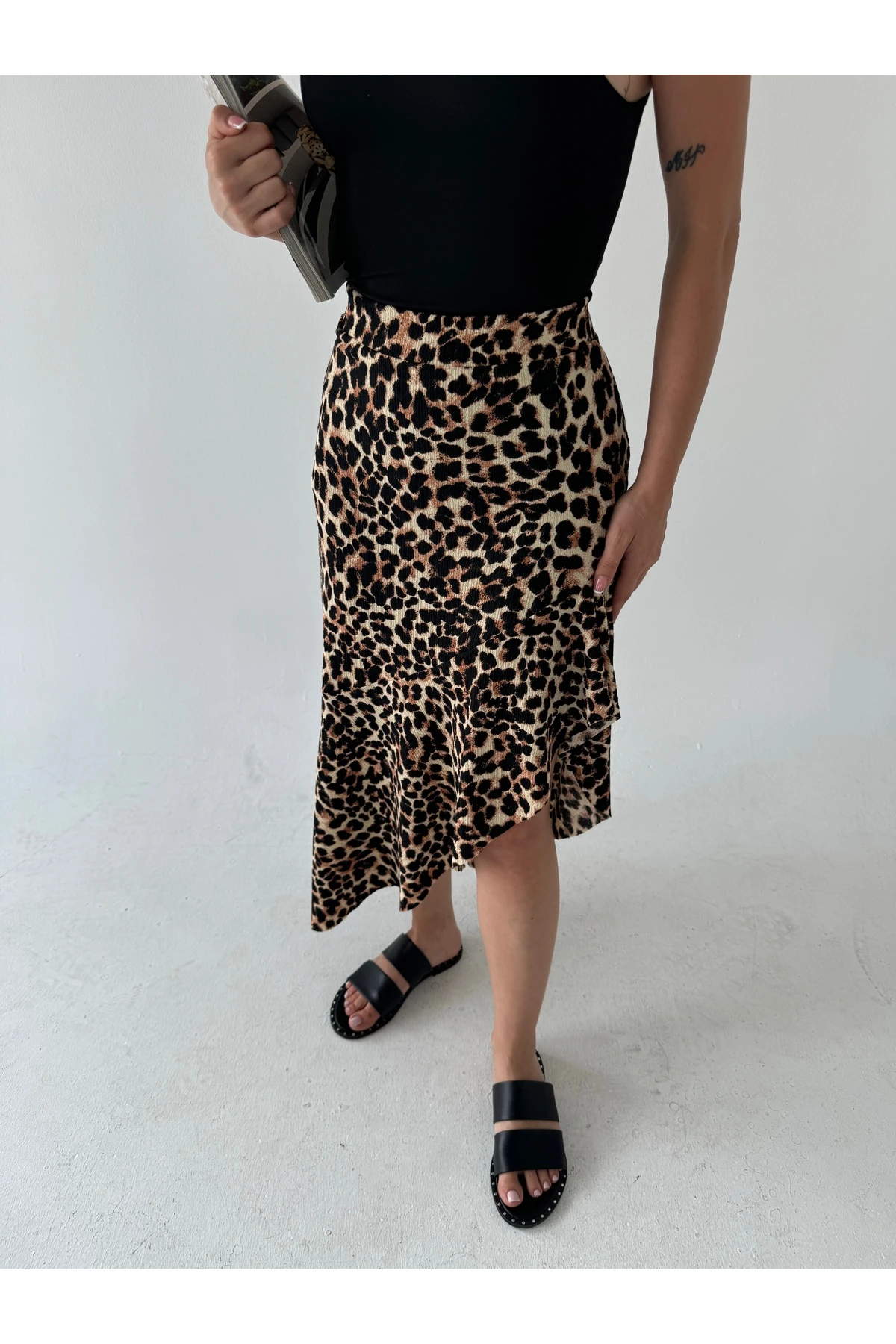 Leopar Tonlu Asimetrik Bürümcük Etek