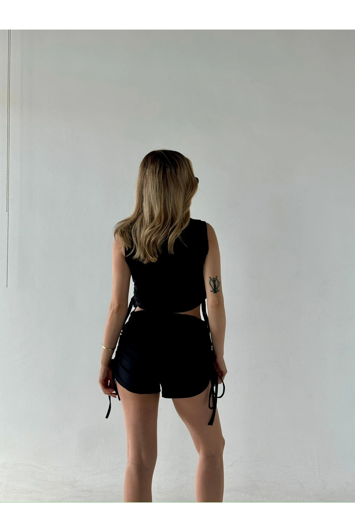 İkili Büzgülü Siyah Kadın Alt-Üst Takım