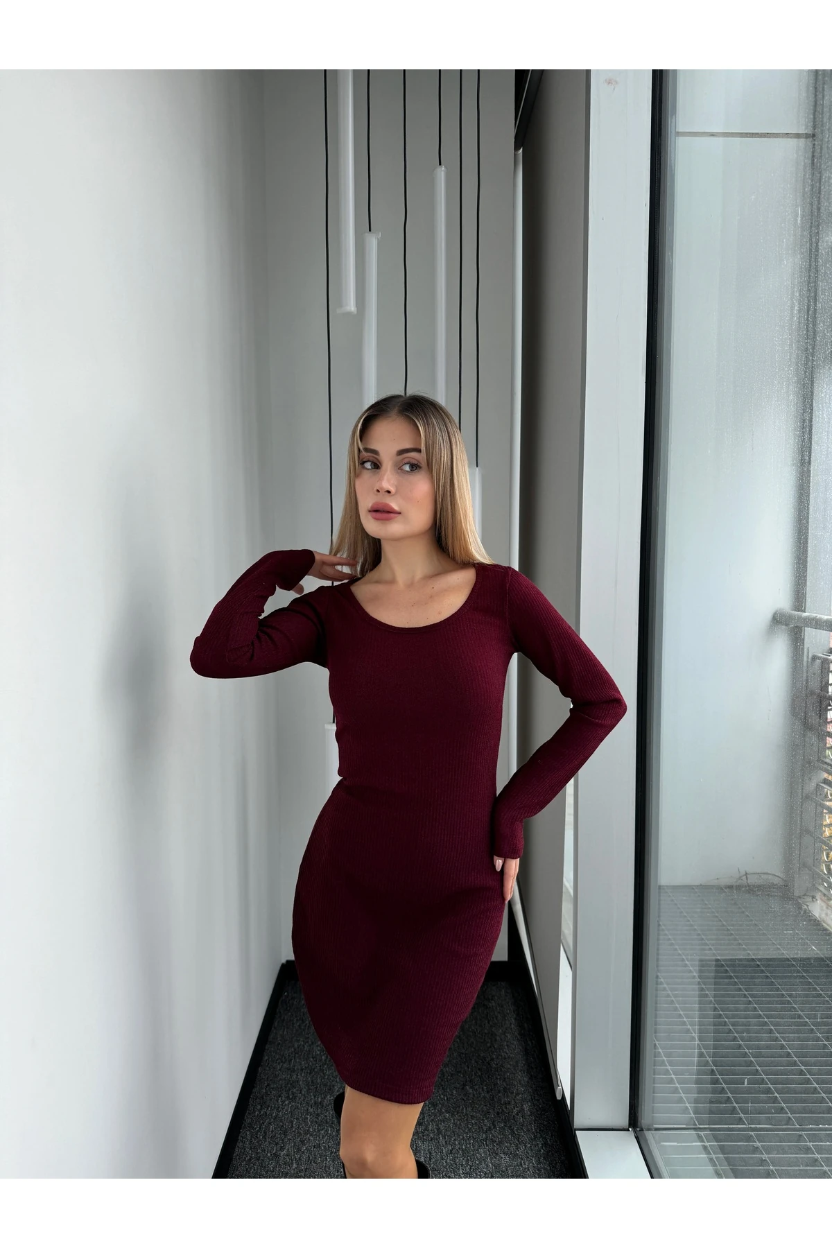 Mh Bisiklet Yaka Bordo Mini Elbise