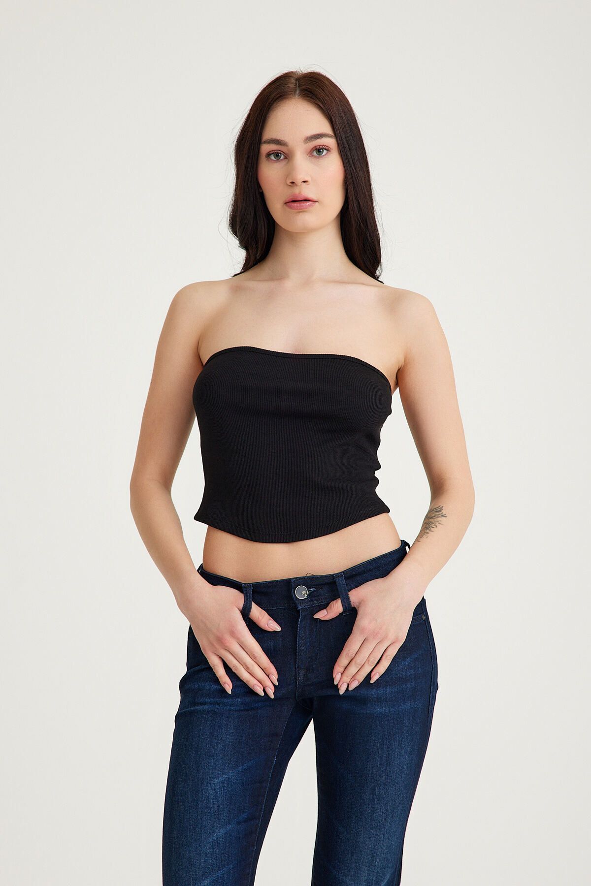 Straplez Kadın Crop Top Büstiyer Siyah