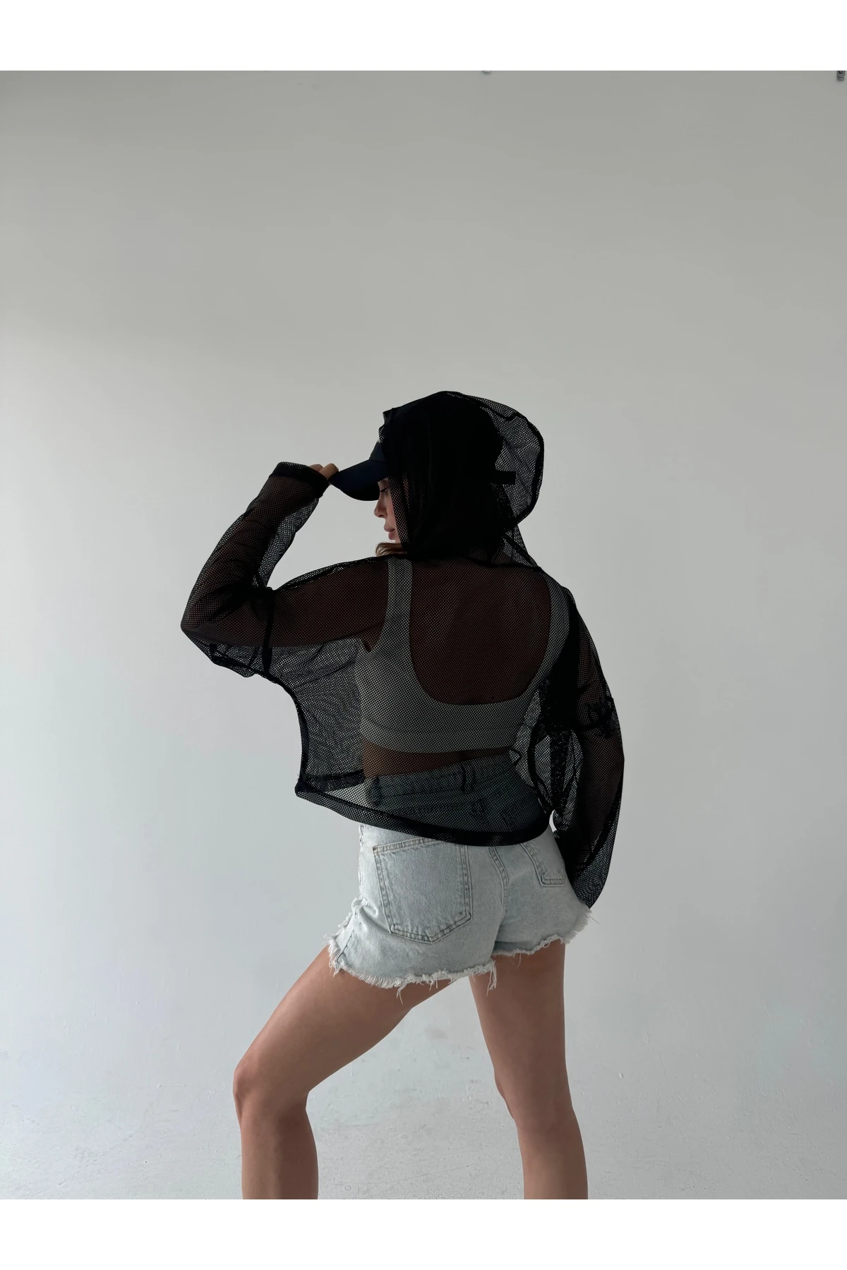 Kapişonlu File Oversize Crop