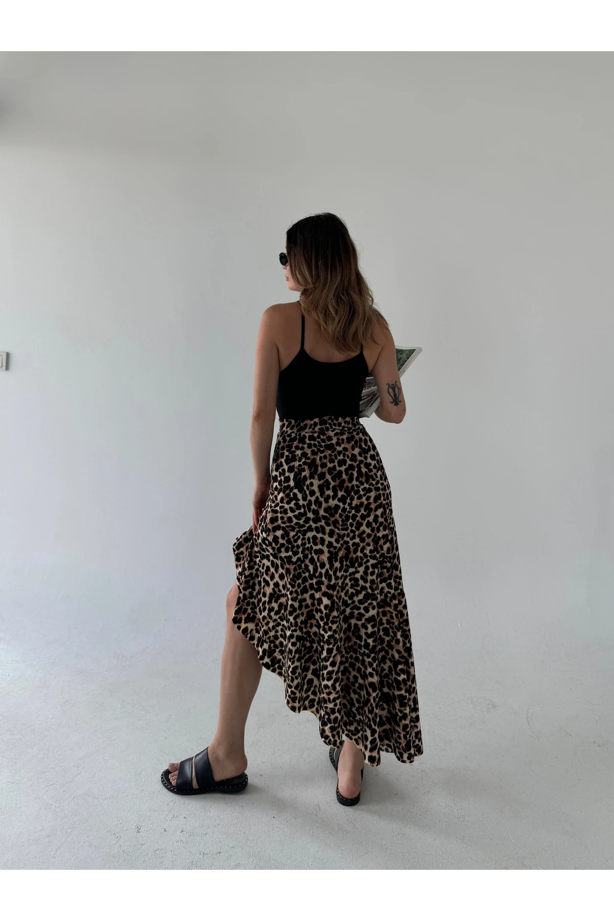 Leopar Tonlu Asimetrik Bürümcük Etek